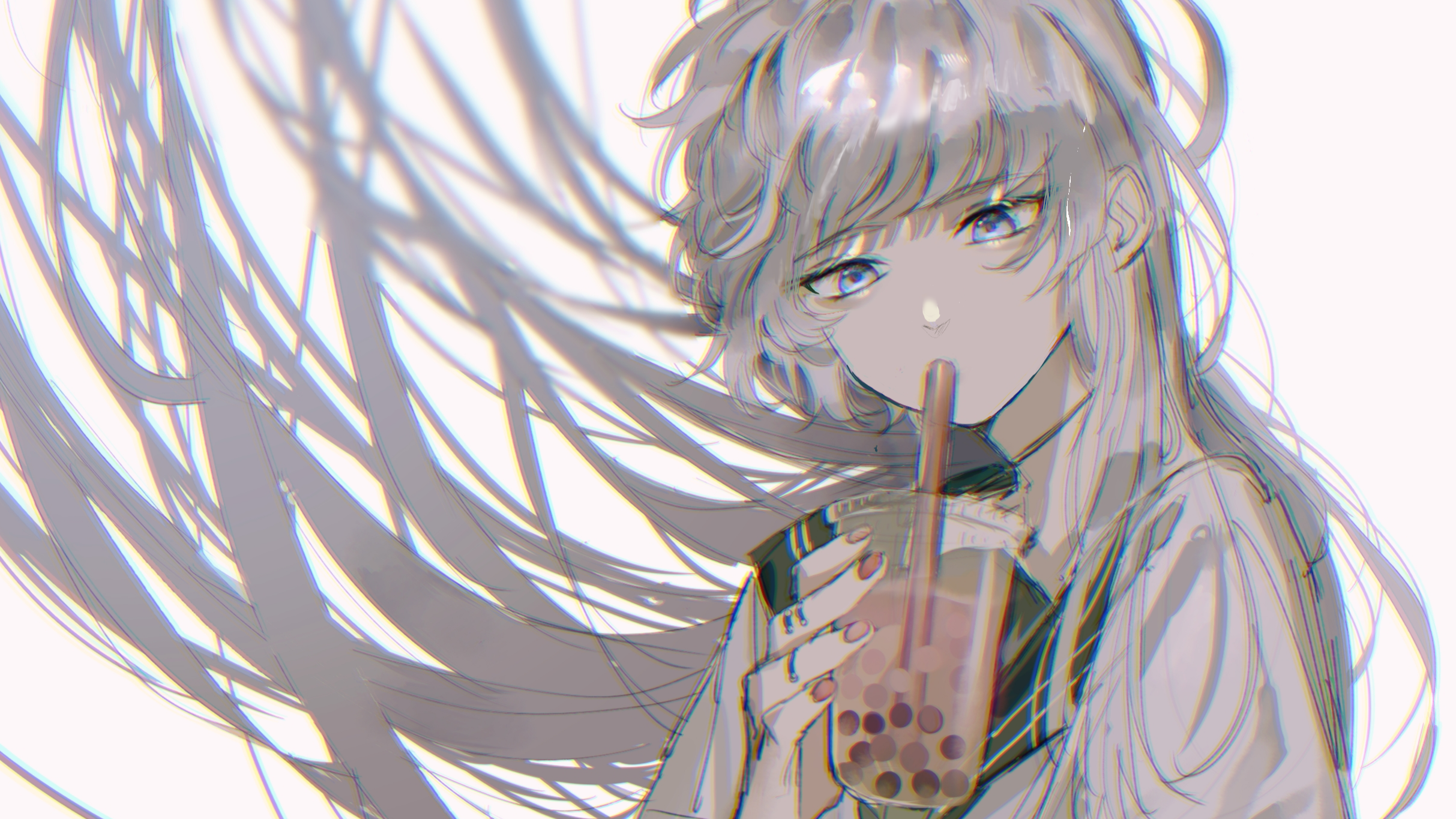Anime girl drinking bubble tea HD Wallpaper