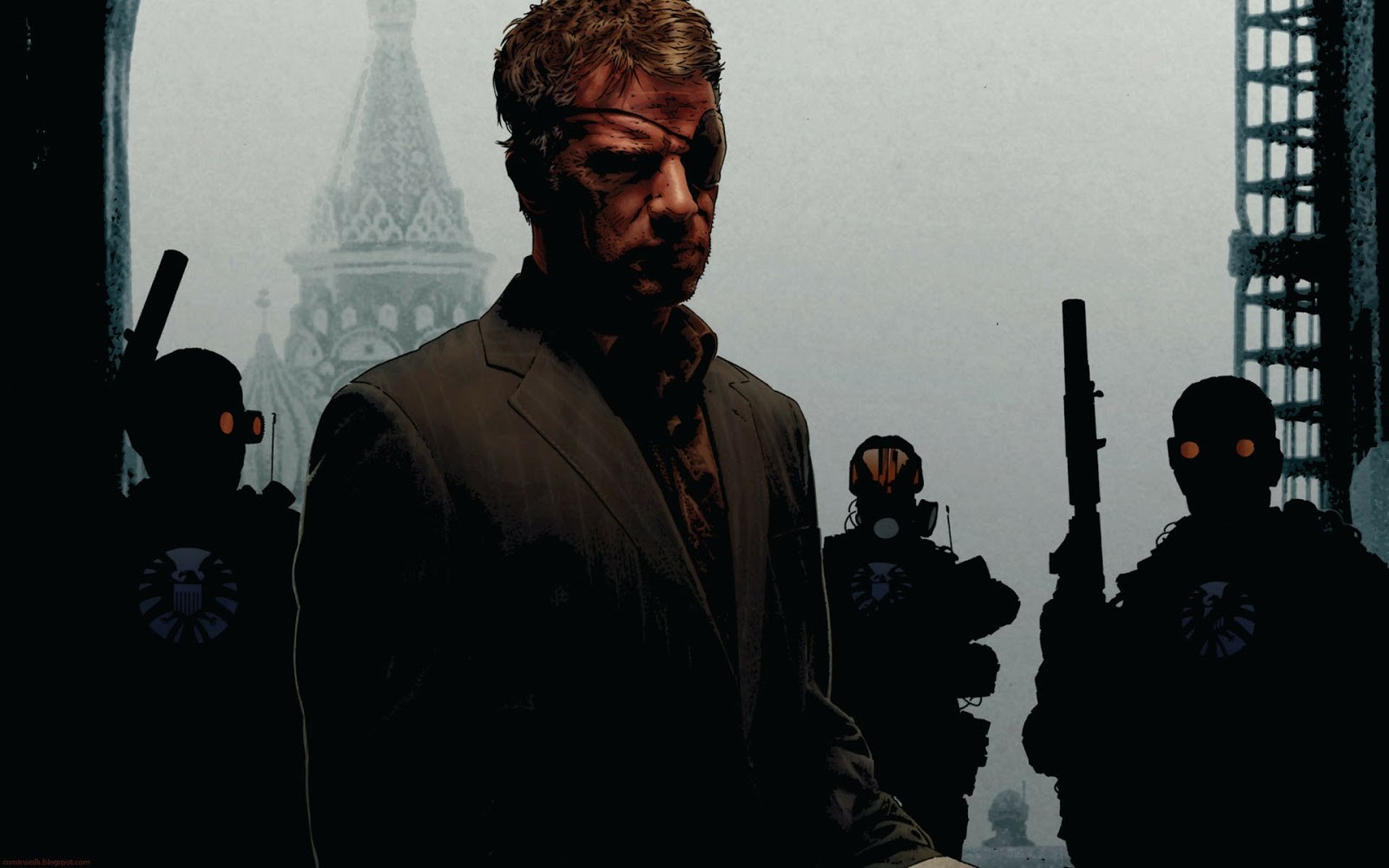 Nick Fury and HYDRA soldiers in a city HD Wallpaper
