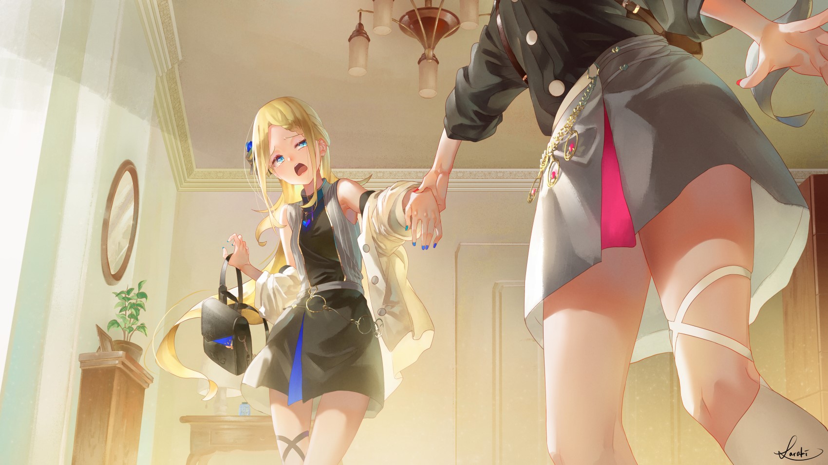 Two anime girls holding hands indoors HD Wallpaper