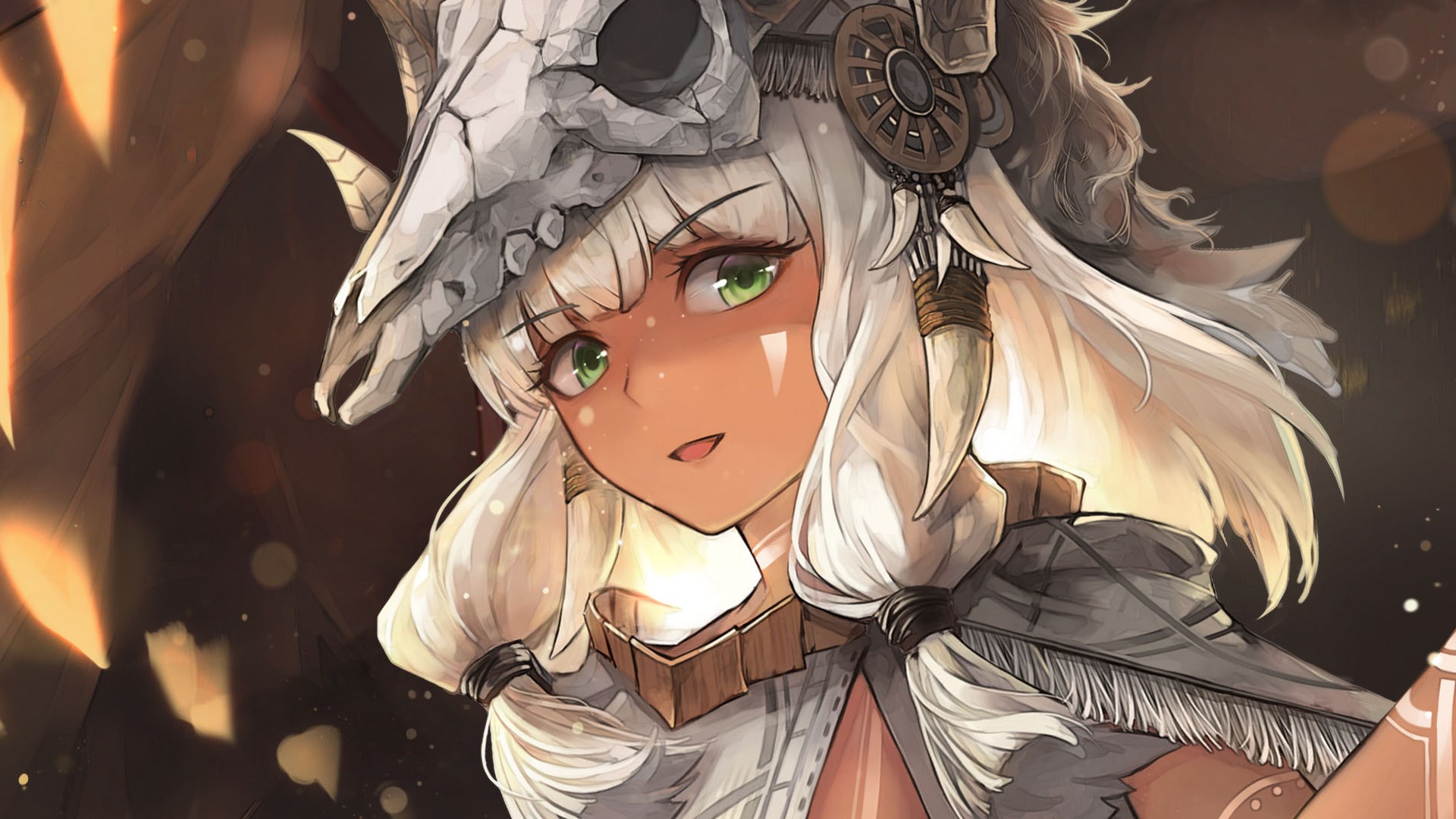 Anime girl with animal skull headdress HD Wallpaper