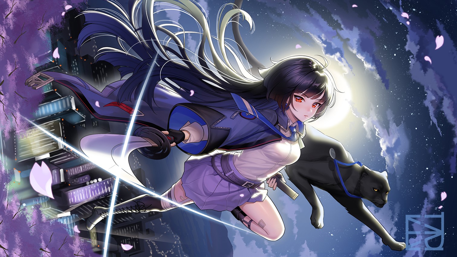 Anime girl with black hair and red eyes with a black panther HD Wallpaper