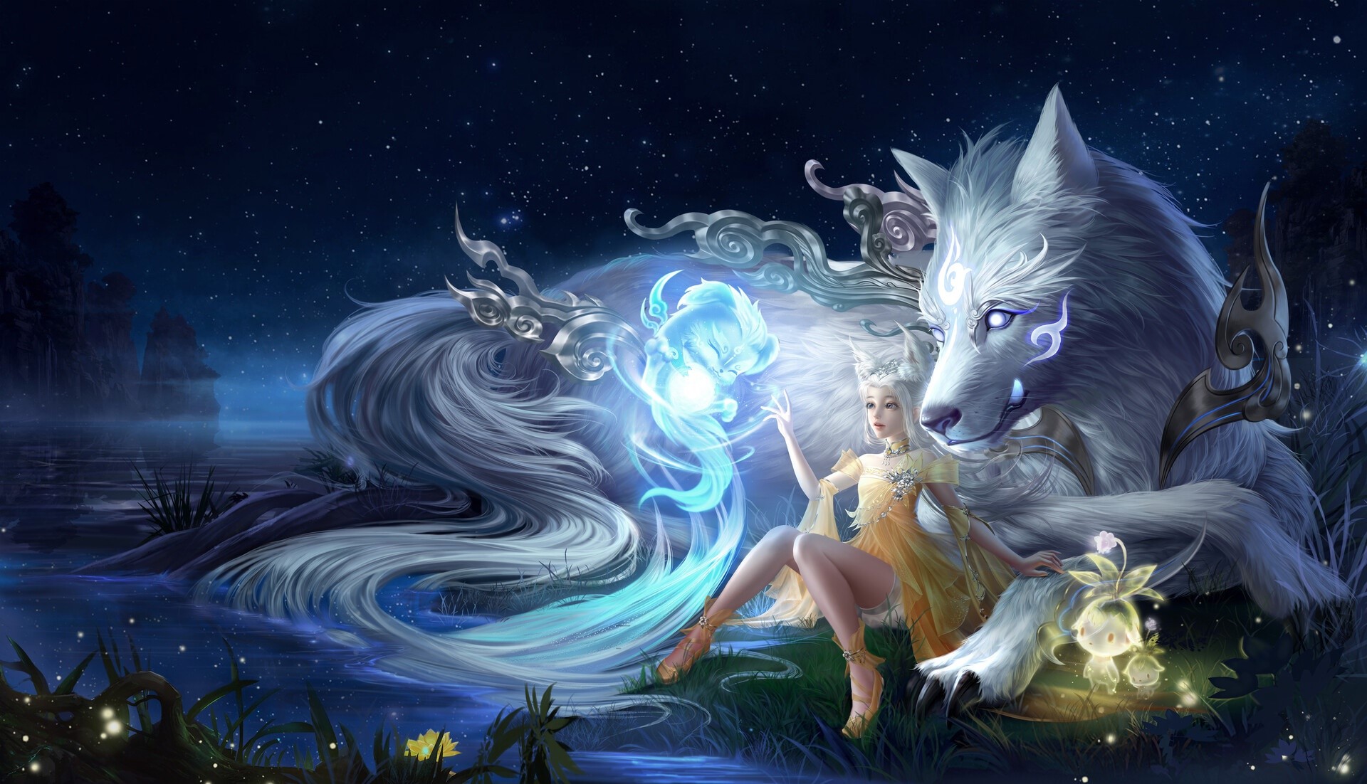 Fantasy girl with a white wolf and spirit creature at night HD Wallpaper