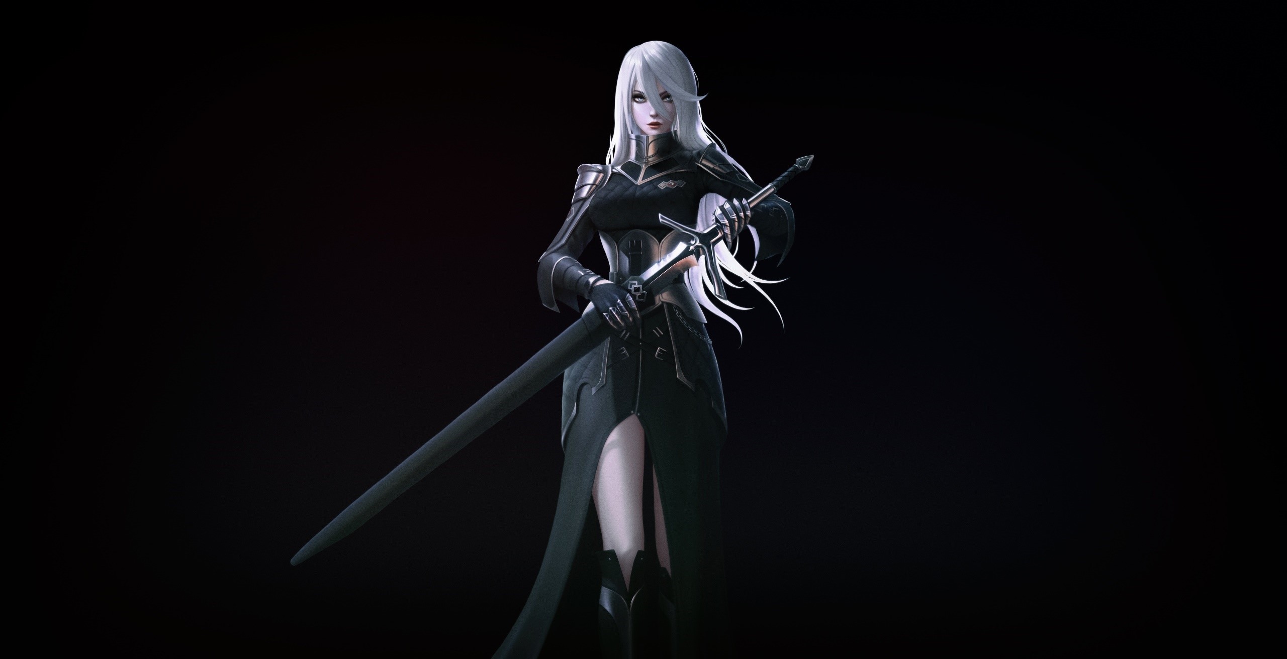 Fantasy woman with long white hair holding a sword HD Wallpaper