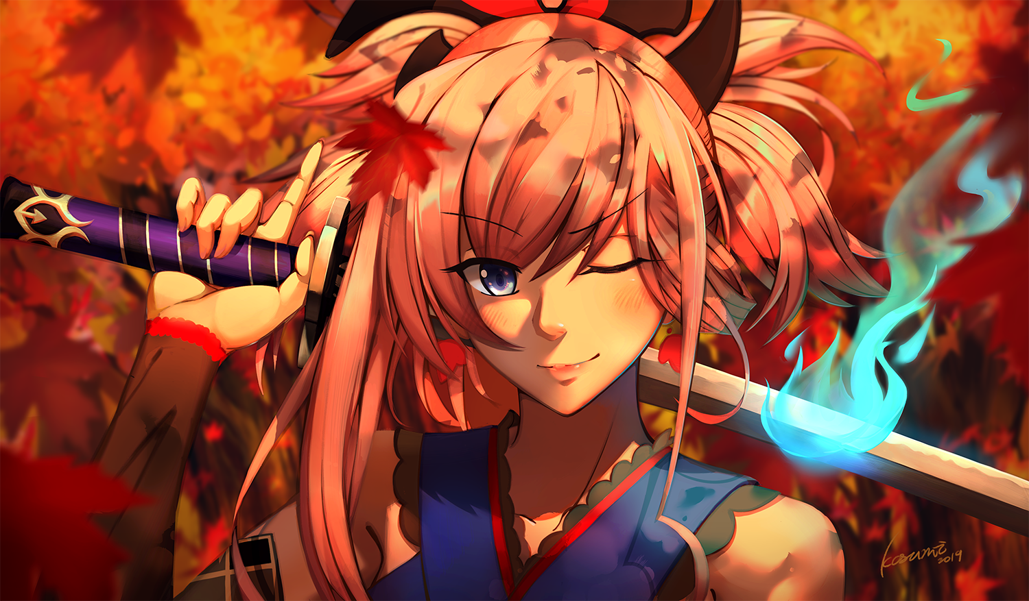 Miyamoto Musashi from Fate/Grand Order with Blue Flames HD Wallpaper