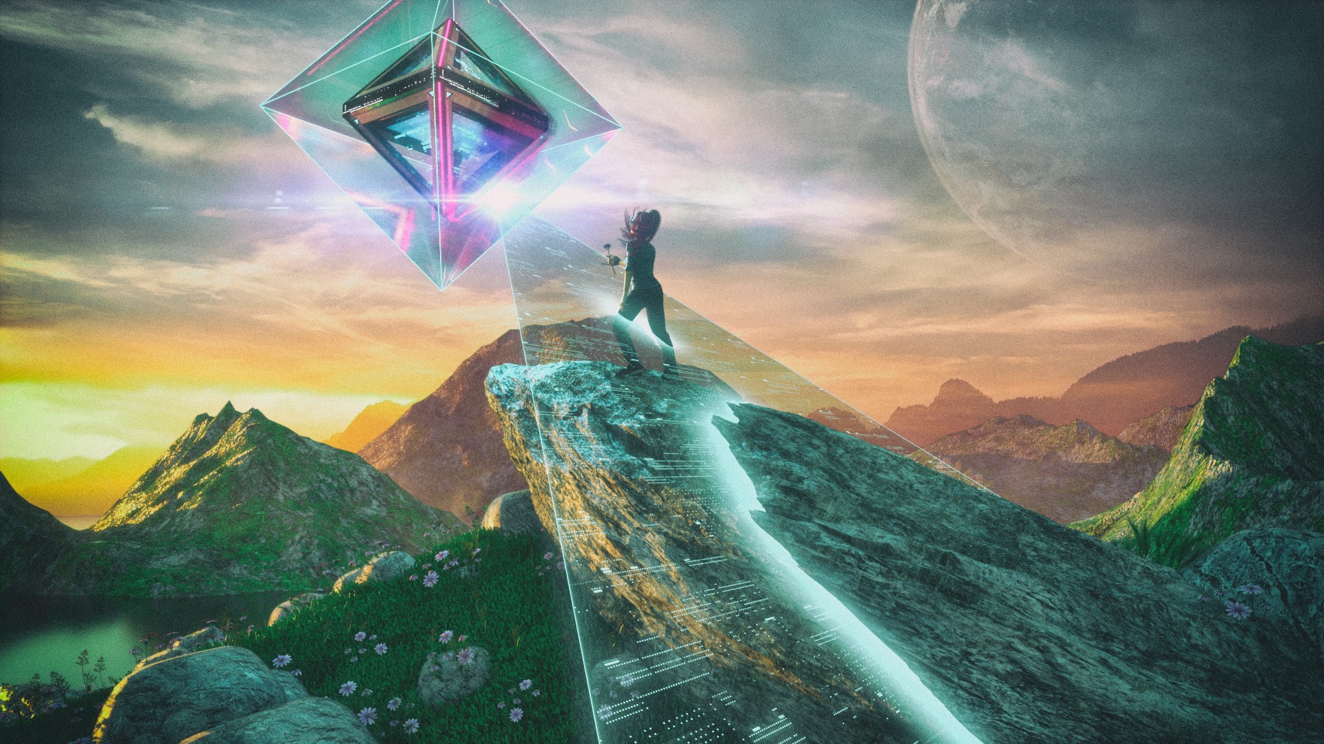 Woman on mountain peak with floating prism and planet HD Wallpaper