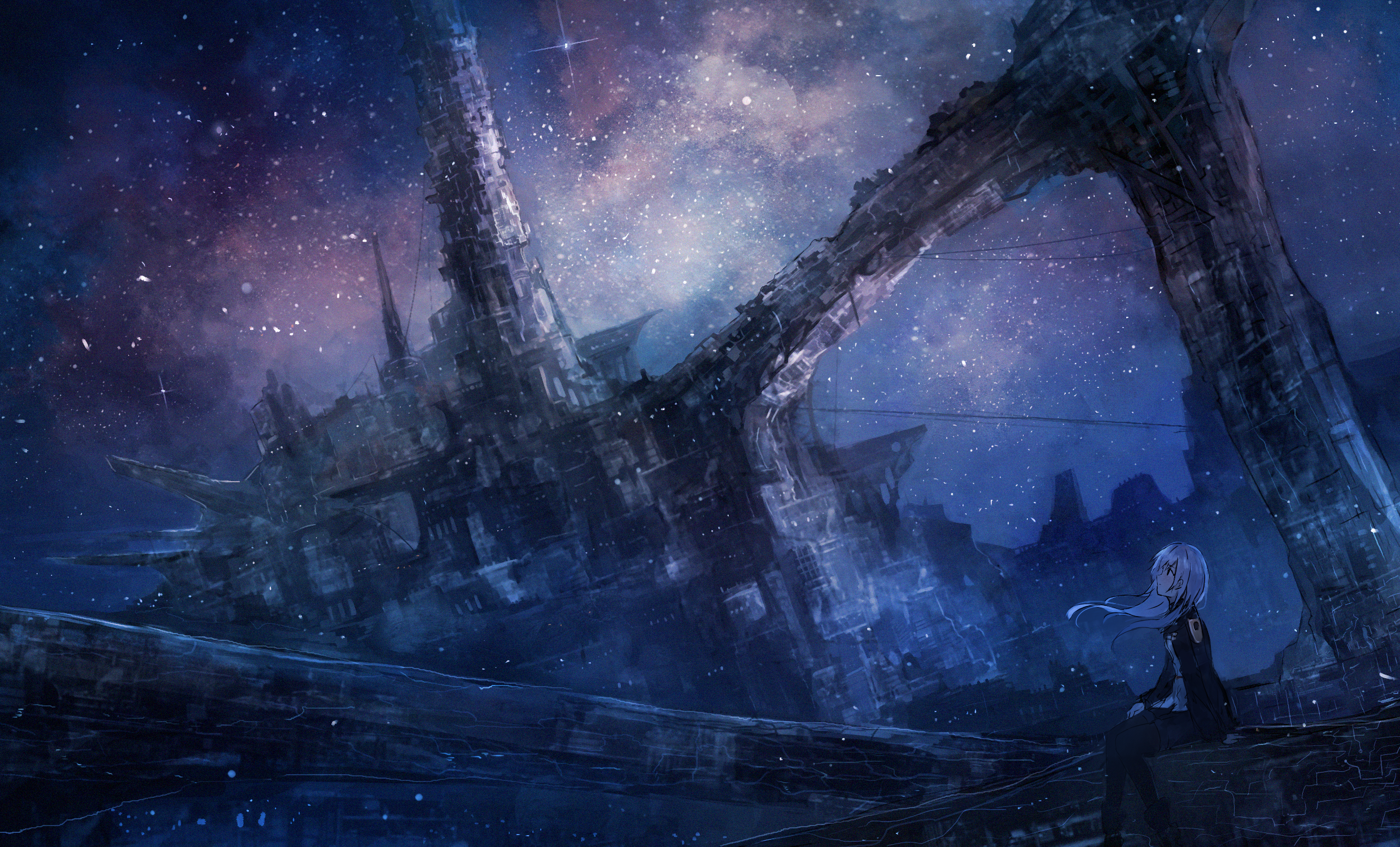 Anime girl sitting in front of a destroyed futuristic city in space HD Wallpaper