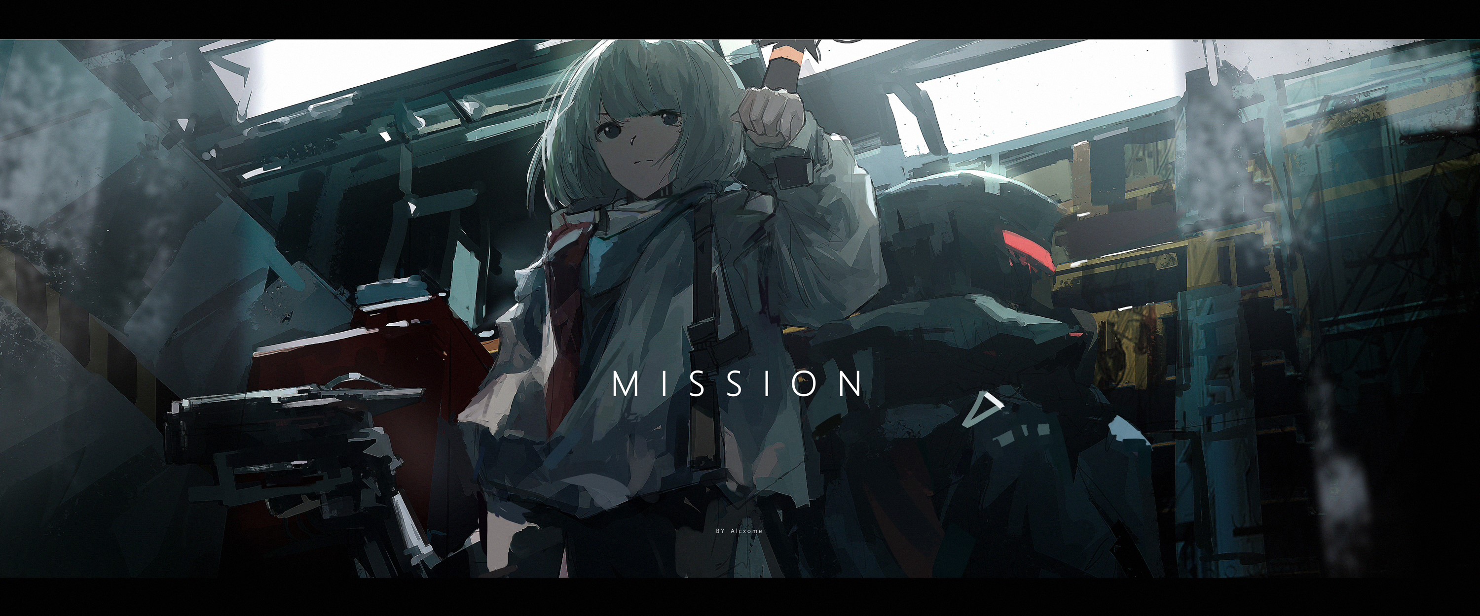 Anime characters in futuristic setting with text MISSION HD Wallpaper