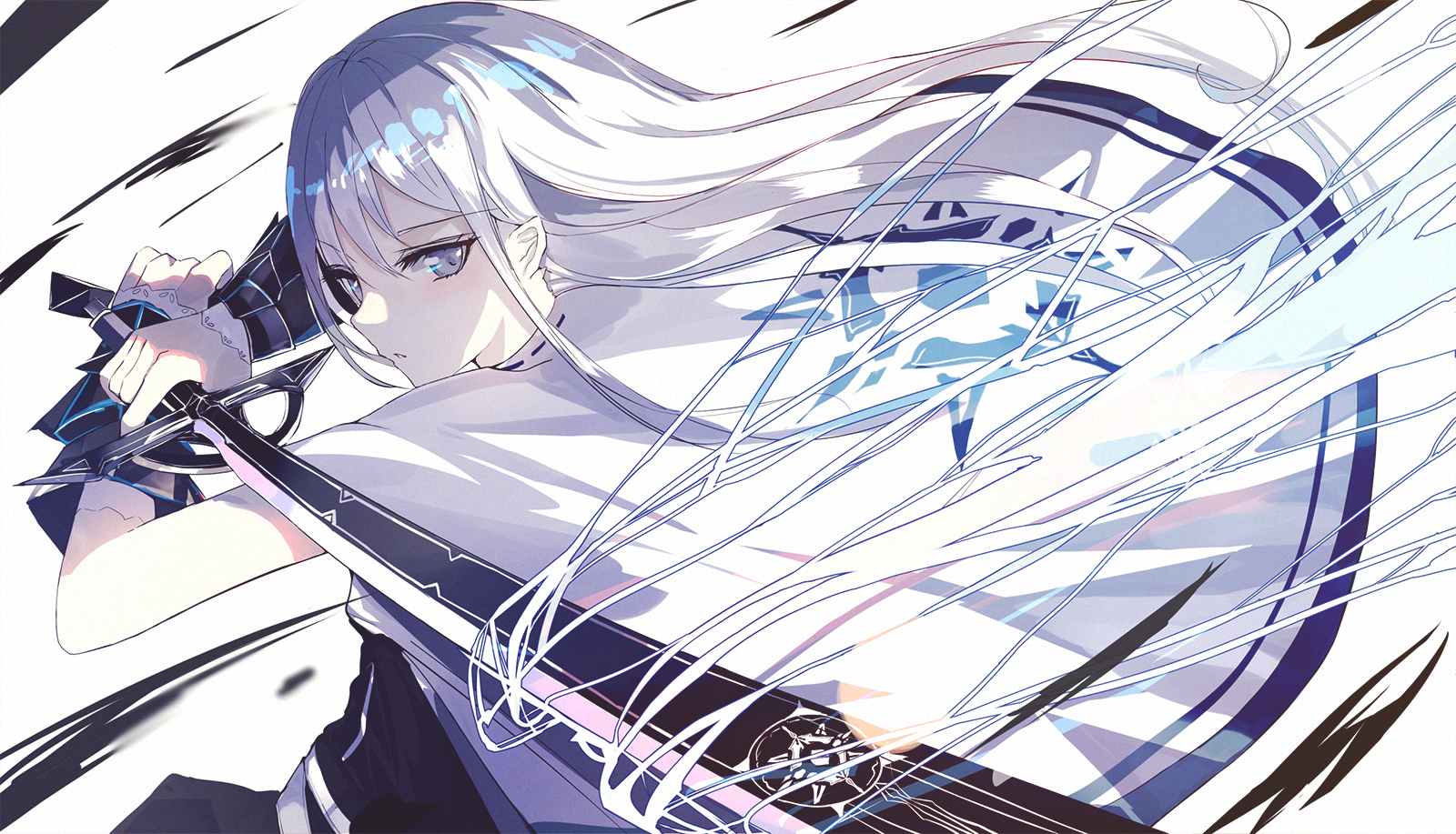 Anime girl with long white hair holding a sword HD Wallpaper