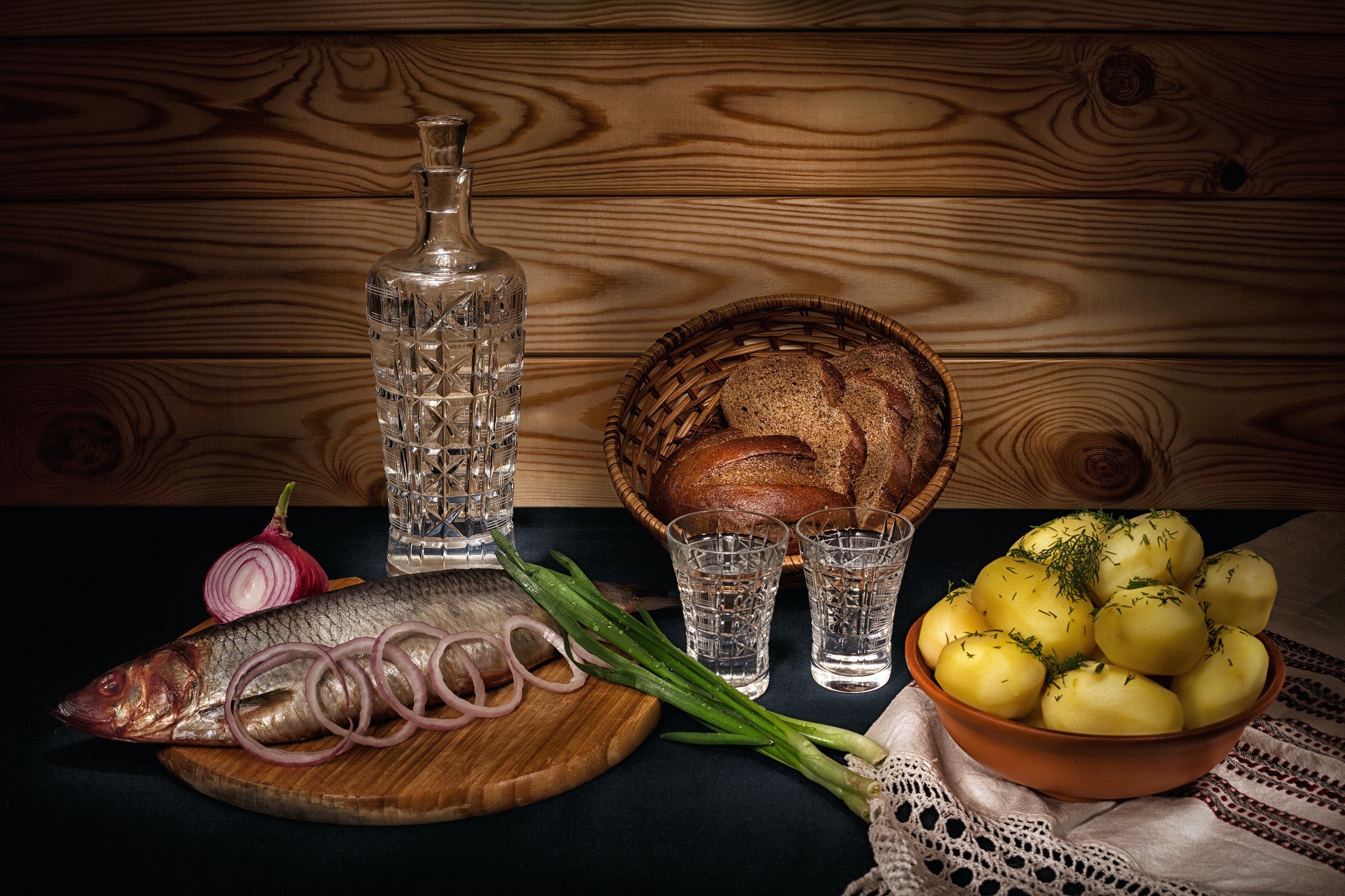 Still life with vodka, fish, potatoes, and bread HD Wallpaper