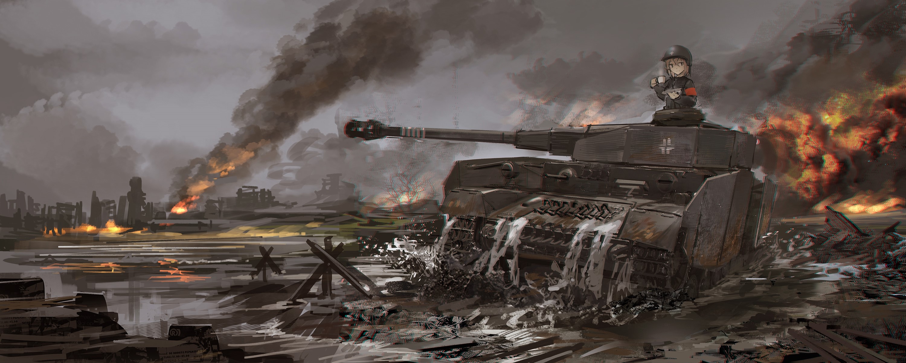 Anime girl on a tank in a war-torn city HD Wallpaper