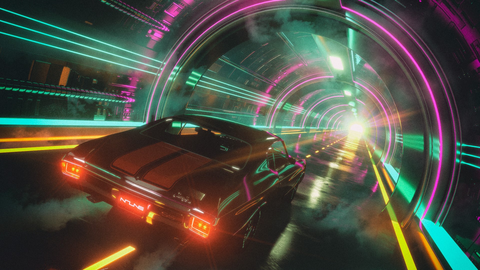Retro car driving through a neon tunnel HD Wallpaper