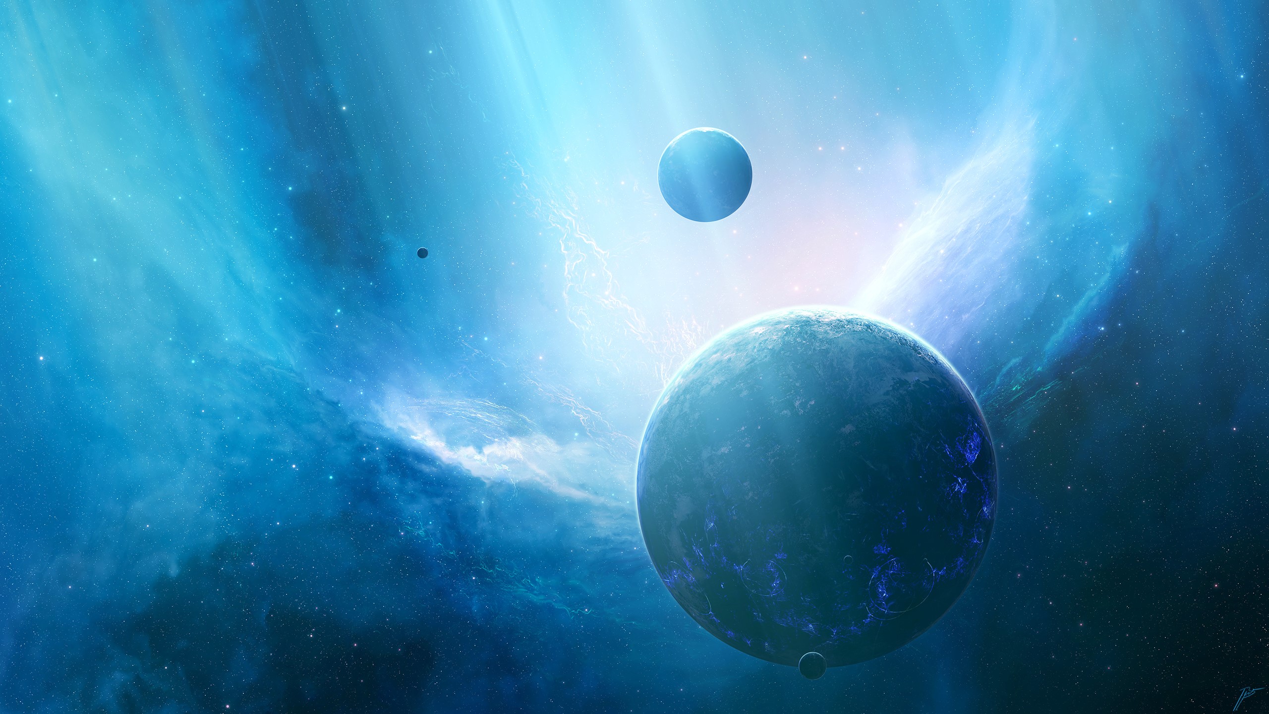 Blue nebula with planets and stars HD Wallpaper