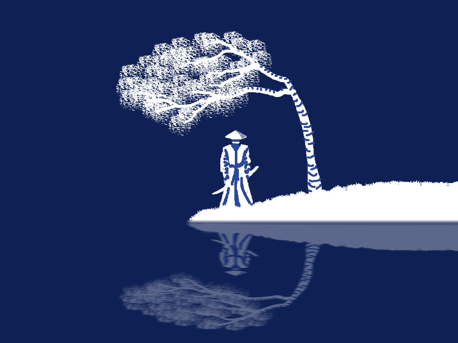 Samurai under a tree reflected in water HD Wallpaper