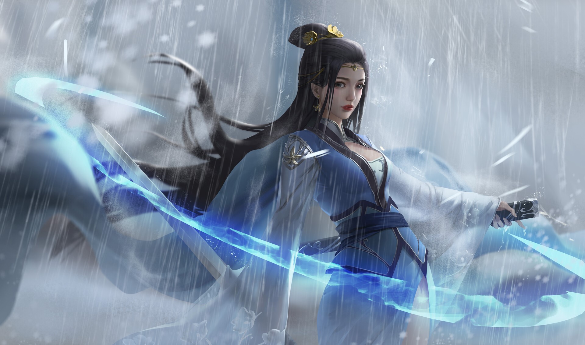 Woman in blue dress with sword in rain HD Wallpaper