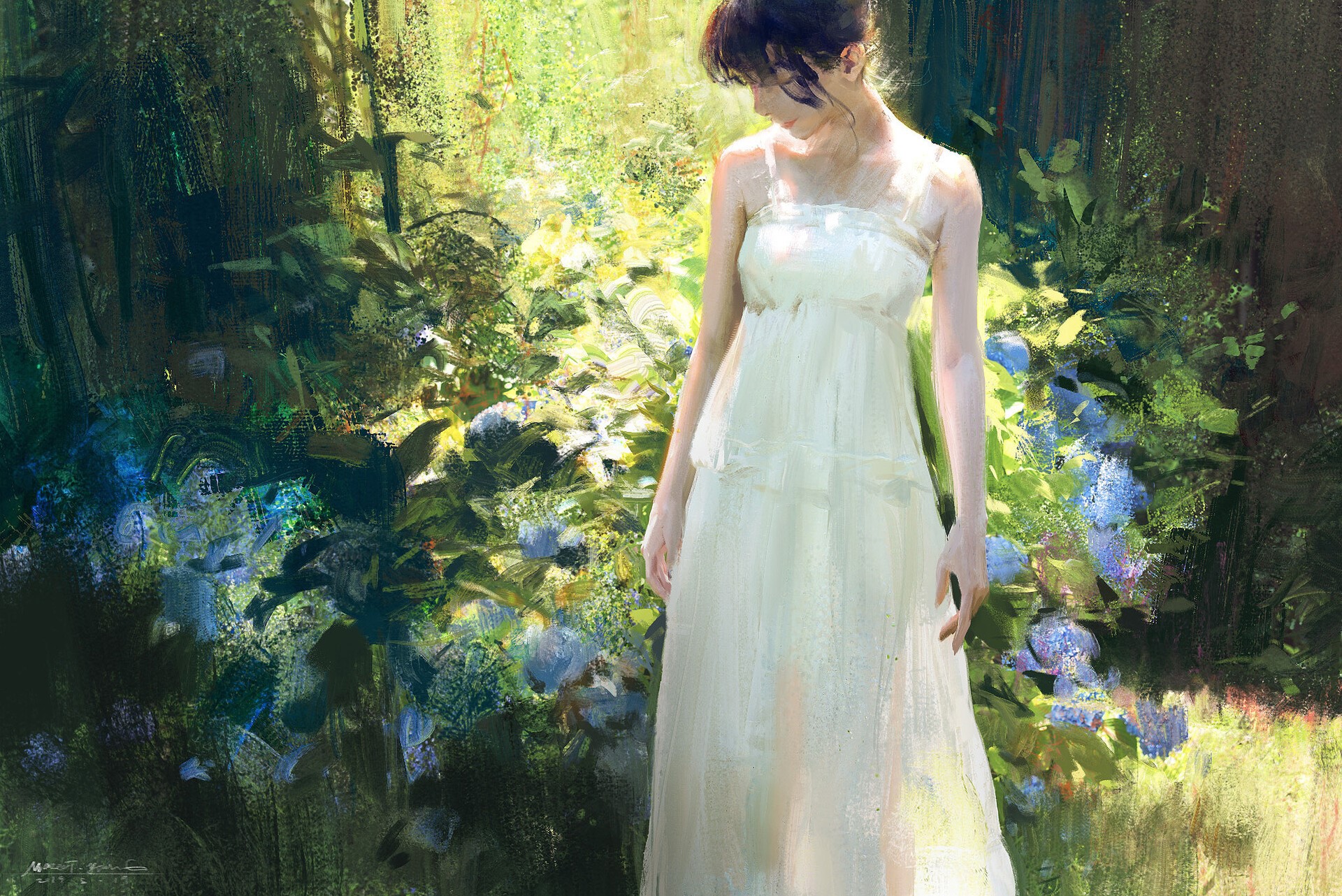 Woman in white dress in a garden HD Wallpaper