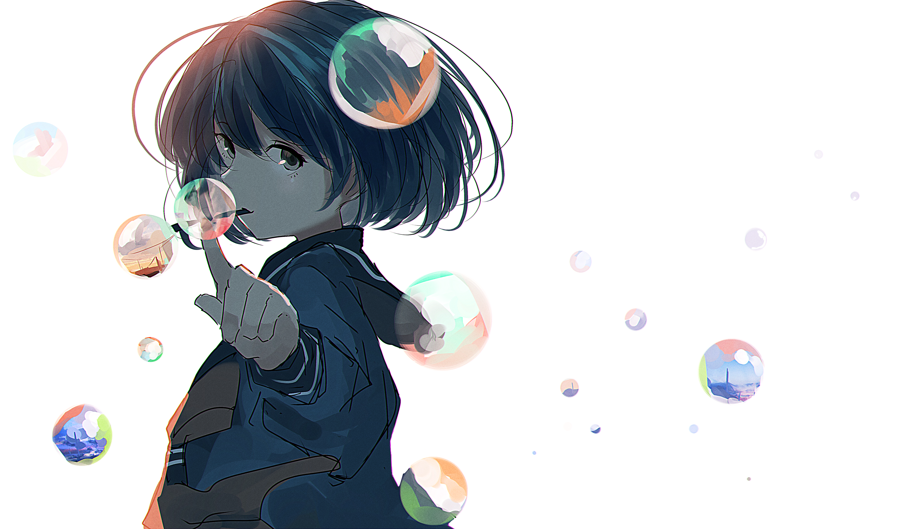 Anime girl with short hair blowing bubbles HD Wallpaper