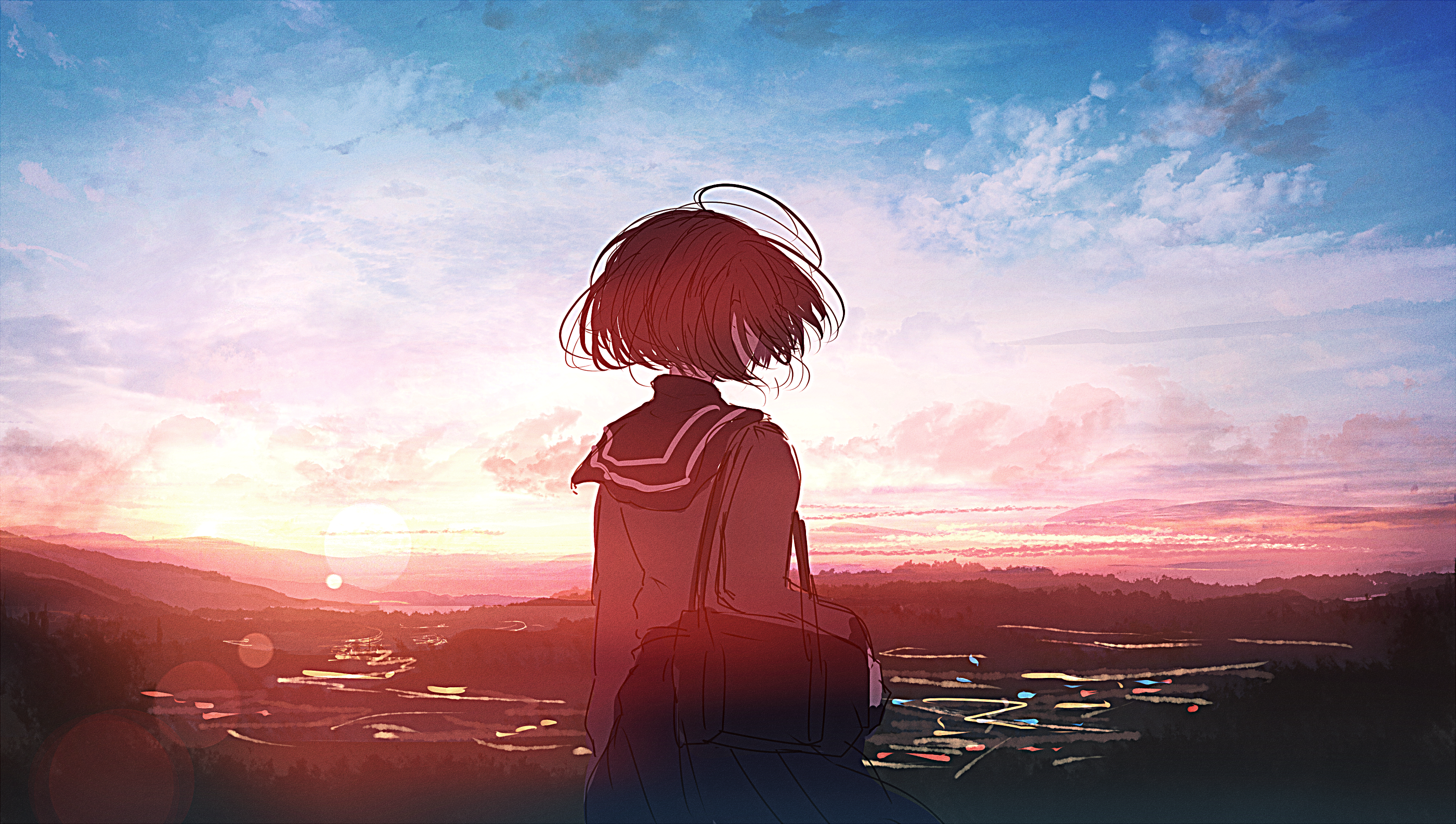 Anime girl in school uniform watching sunset over a town HD Wallpaper