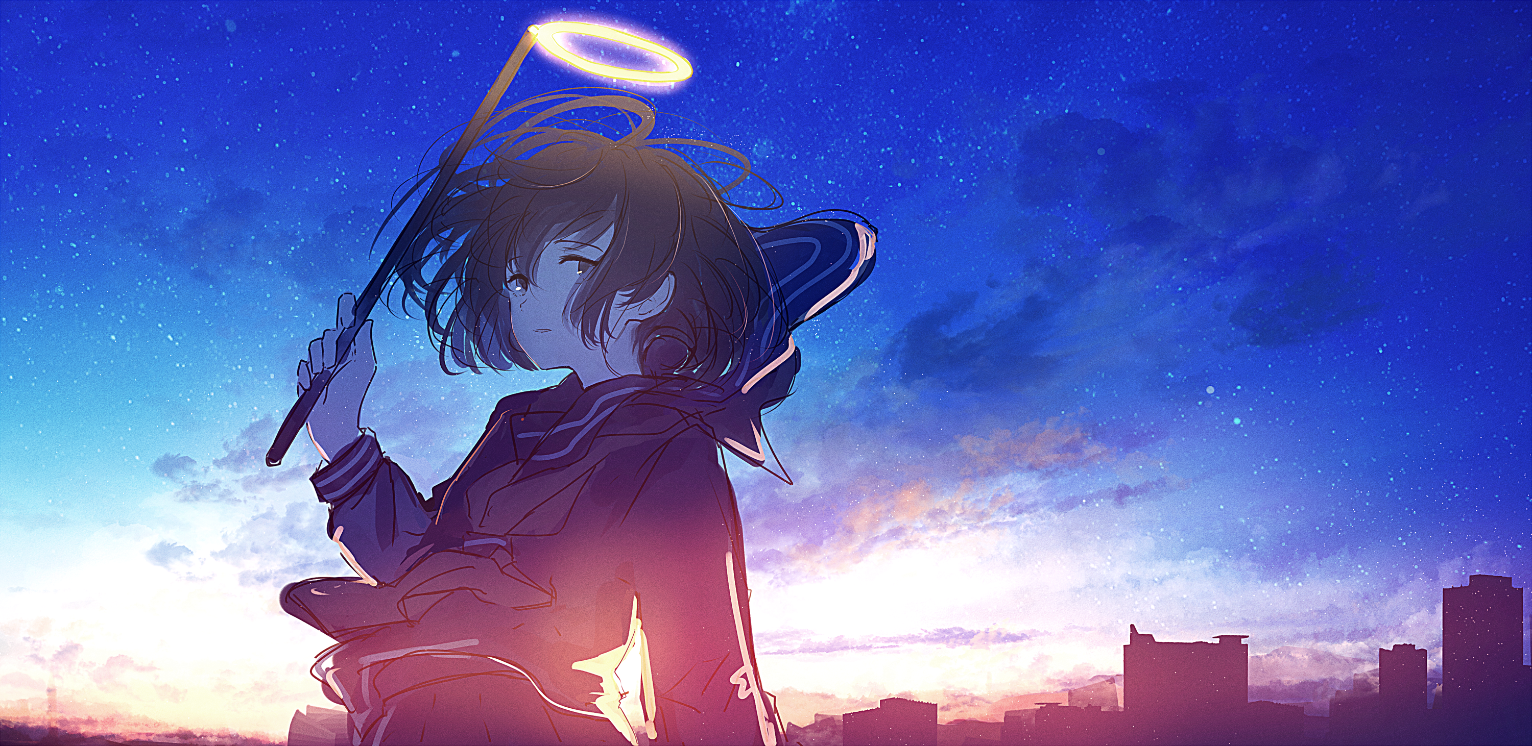 Anime girl with halo and school uniform at sunset HD Wallpaper