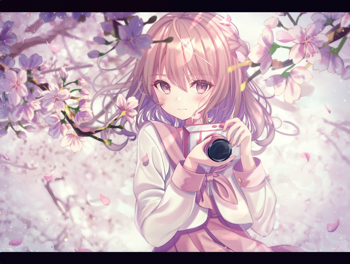 Anime girl with camera among cherry blossoms HD Wallpaper