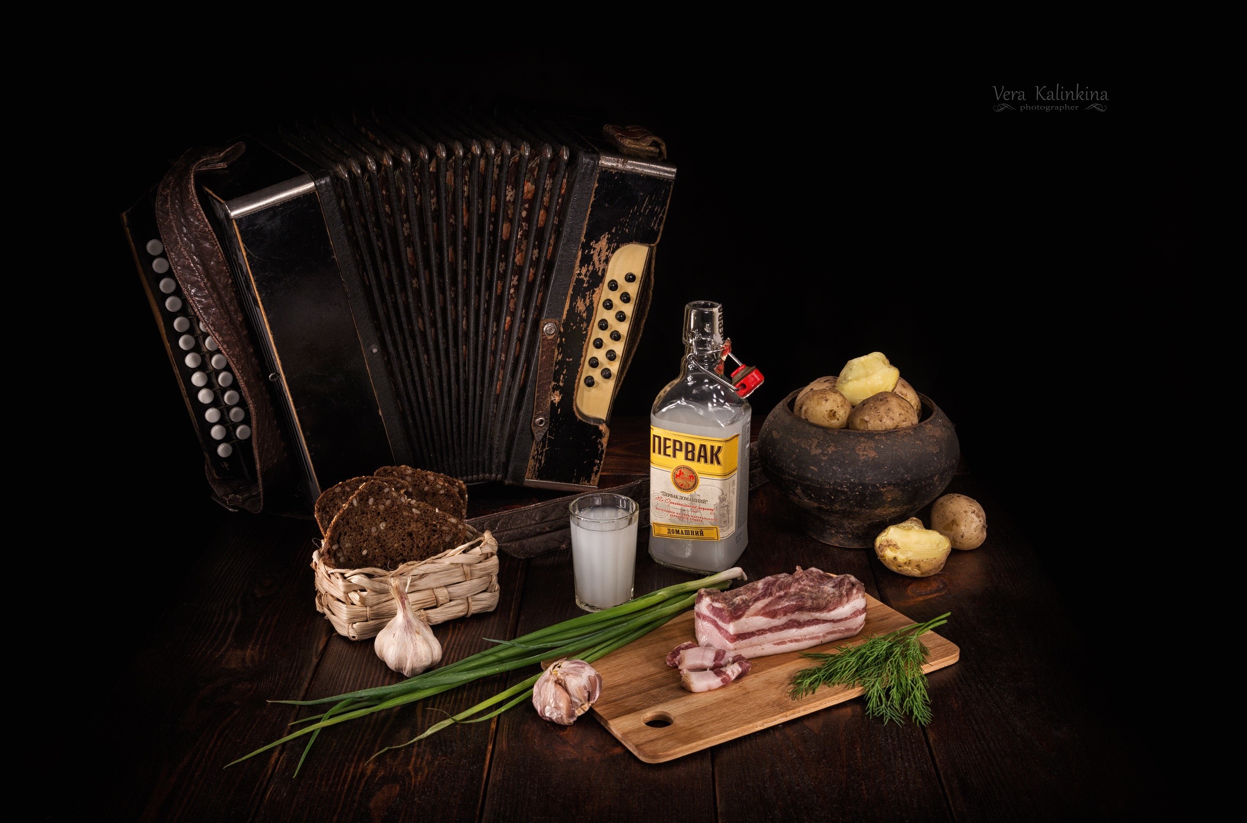 Accordion, Vodka, Bacon, Bread, Potatoes, Garlic, and Dill Still Life HD Wallpaper