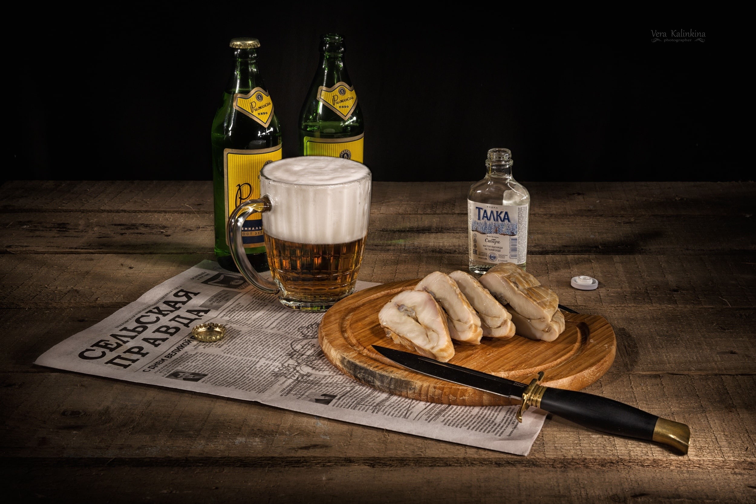 Still life with beer, vodka, and meat HD Wallpaper