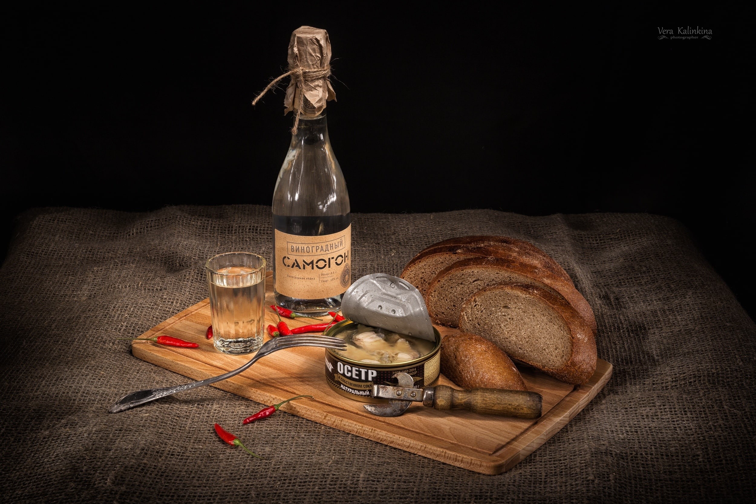 Still life with vodka, bread, and canned fish HD Wallpaper