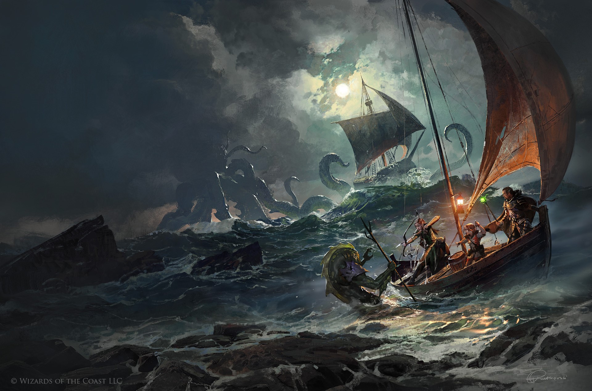 Fantasy art of a boat battling sea monsters in stormy seas HD Wallpaper