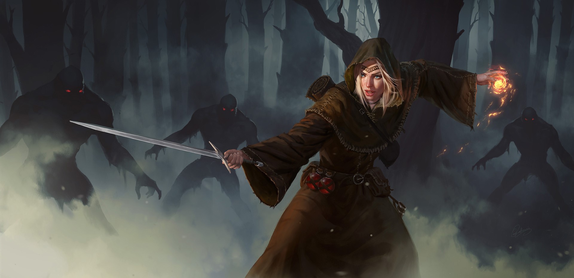 Sorceress fighting shadowy creatures in a dark forest HD Wallpaper