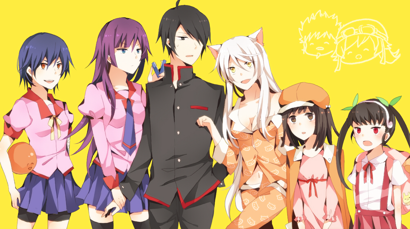 Monogatari Series characters on a yellow background HD Wallpaper