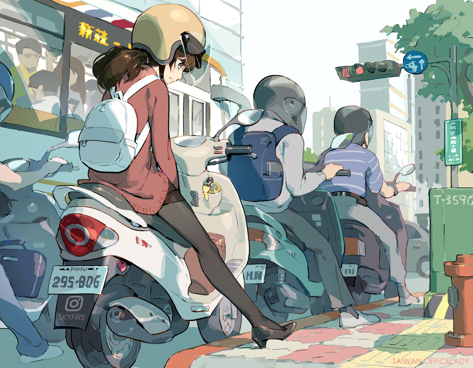 Anime girls on scooters at a traffic light HD Wallpaper