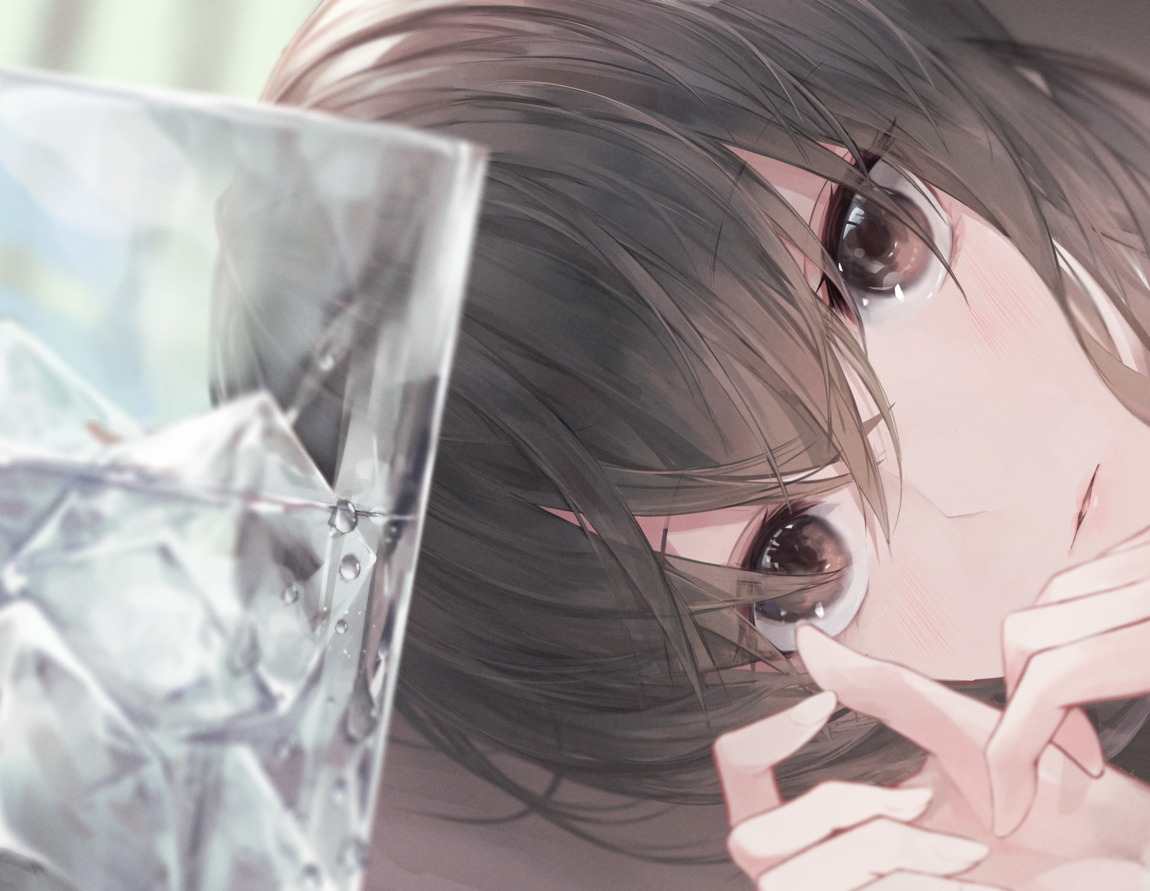 Anime girl with brown eyes and glass of ice HD Wallpaper