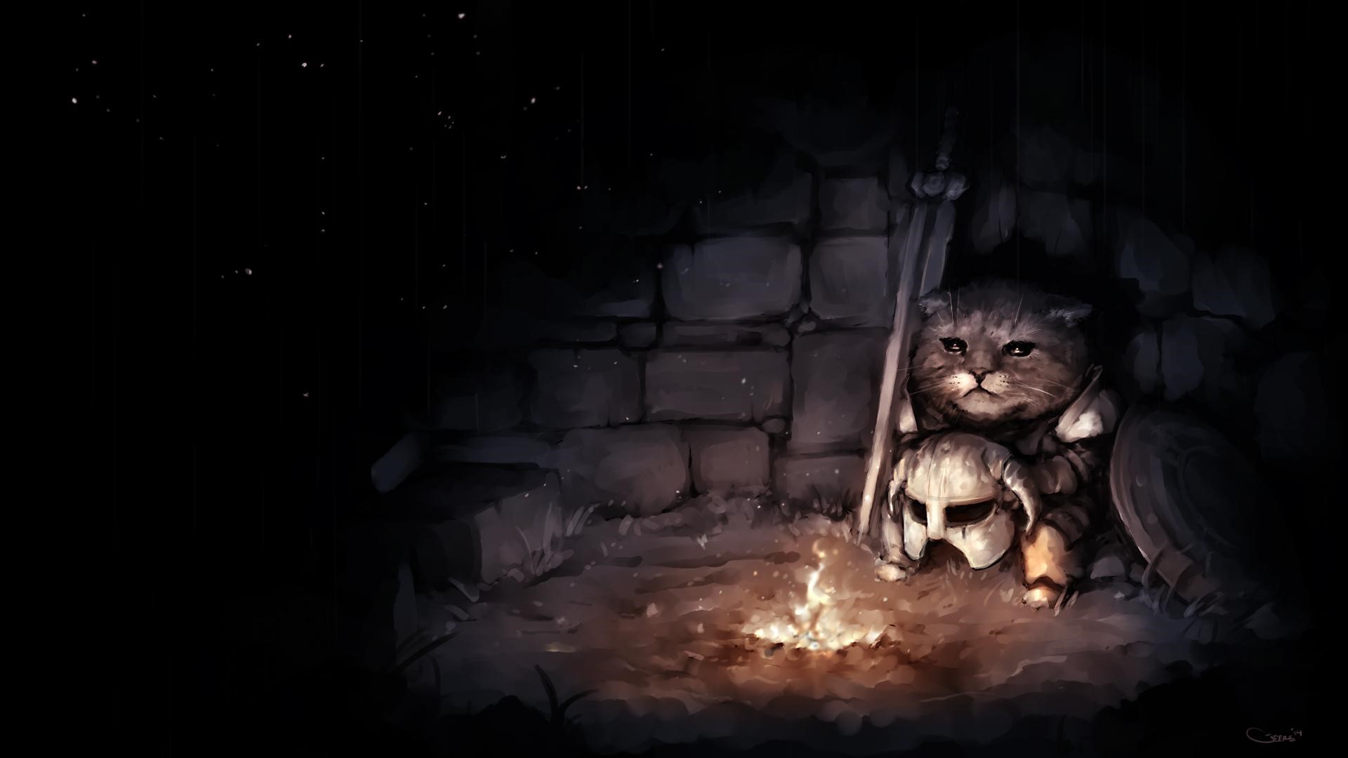 Cat warrior with helmet and shield by campfire HD Wallpaper