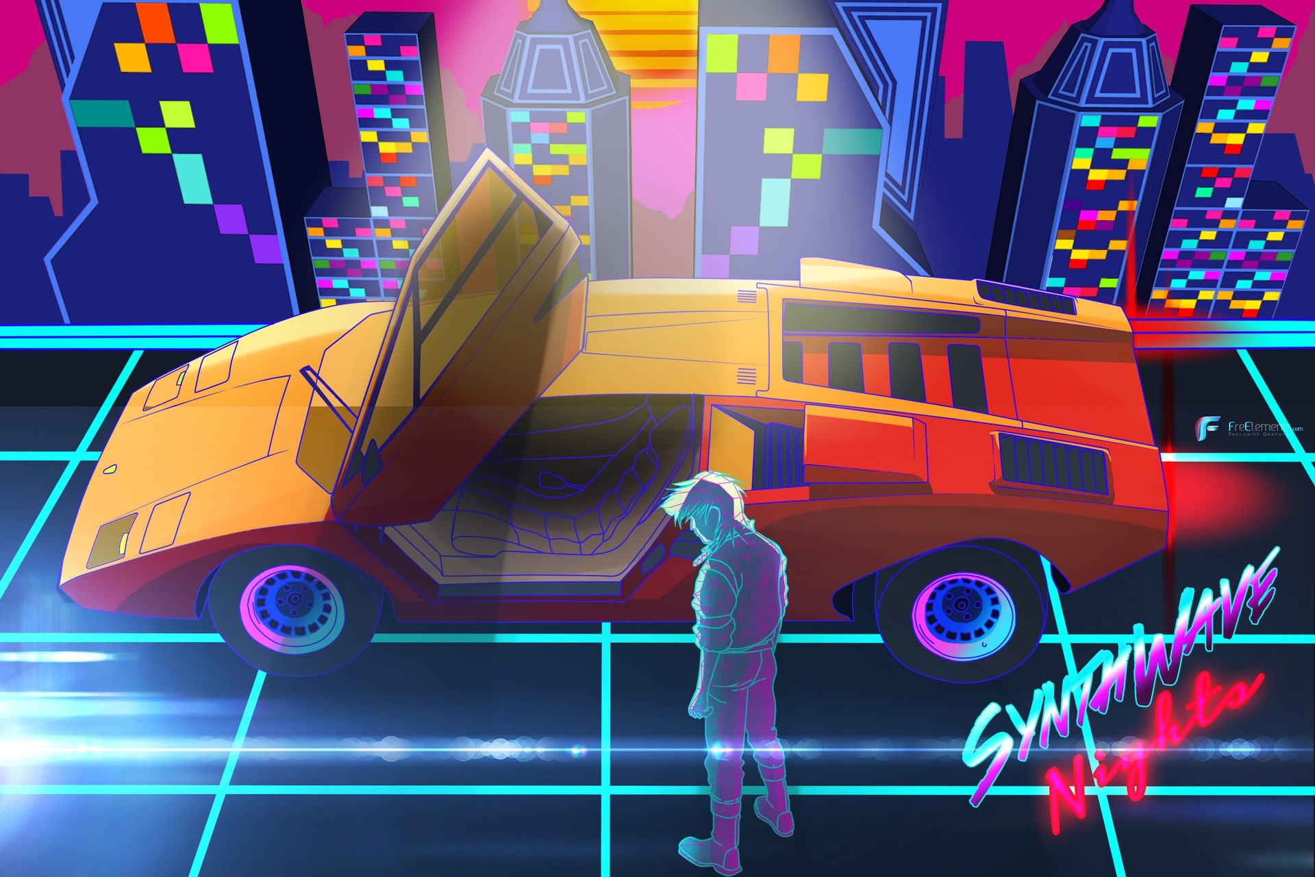 Synthwave Nights: Man and Lamborghini in Neon City HD Wallpaper