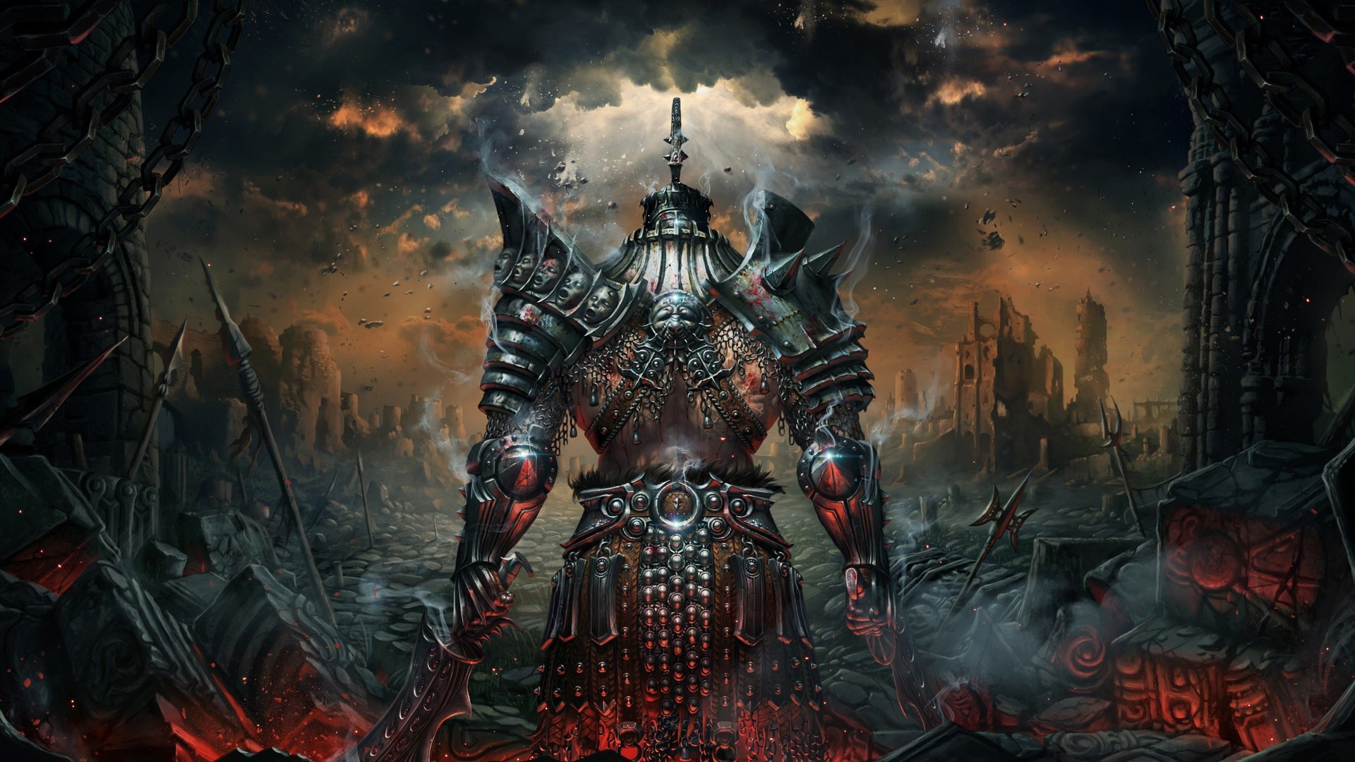 Fantasy warrior in dark, ruined landscape HD Wallpaper
