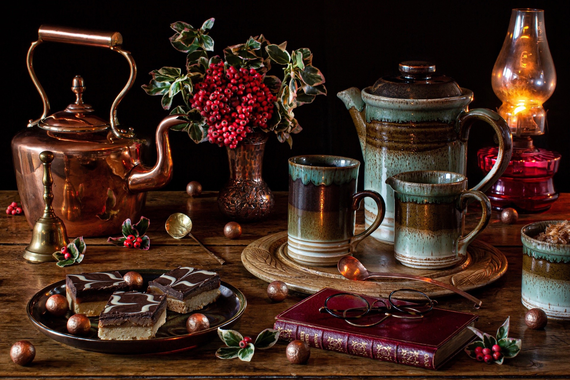 Still life with cakes, tea set, and oil lamp HD Wallpaper