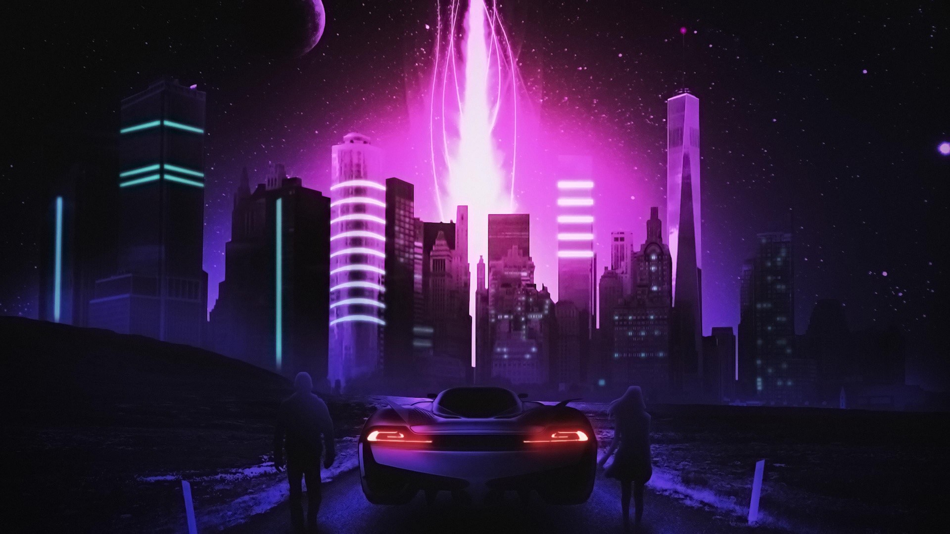 Futuristic cityscape with a sports car and two figures HD Wallpaper
