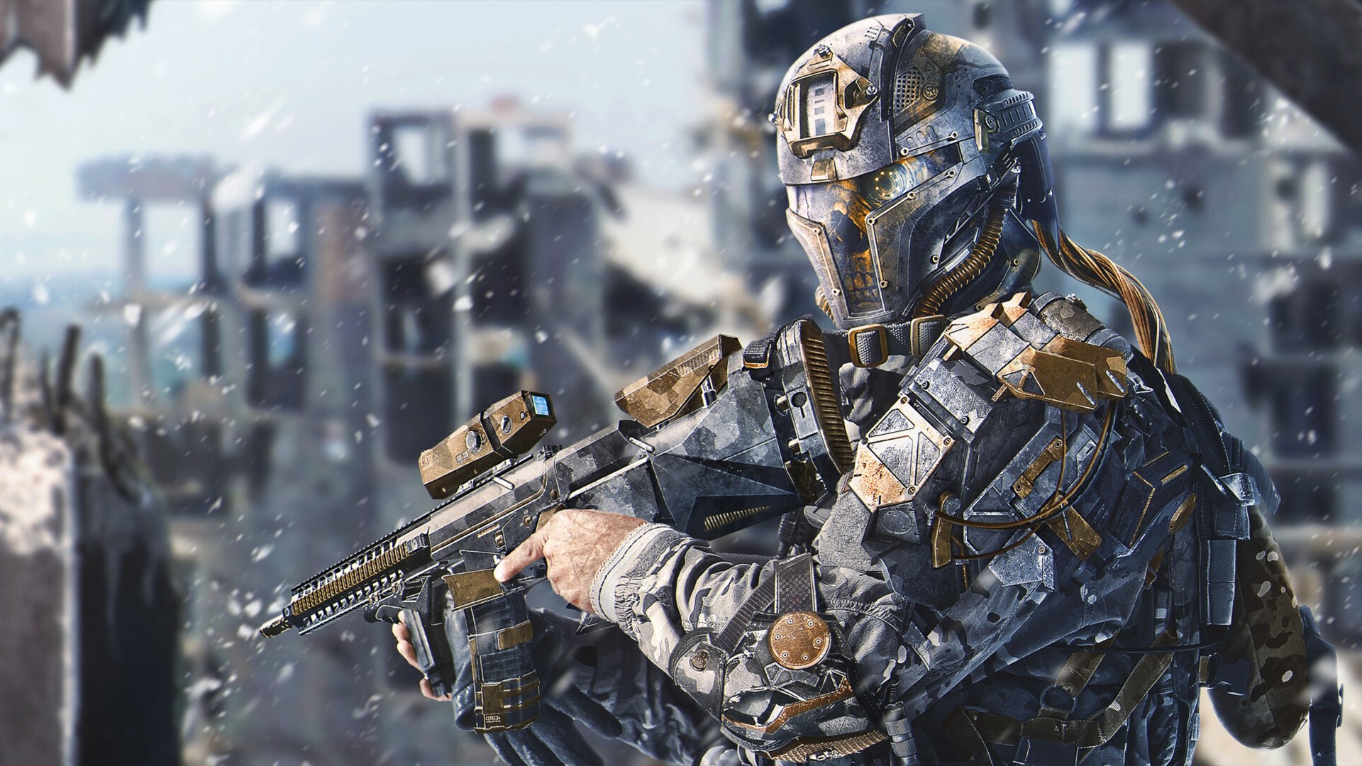 Futuristic soldier with advanced weapon in ruined city HD Wallpaper