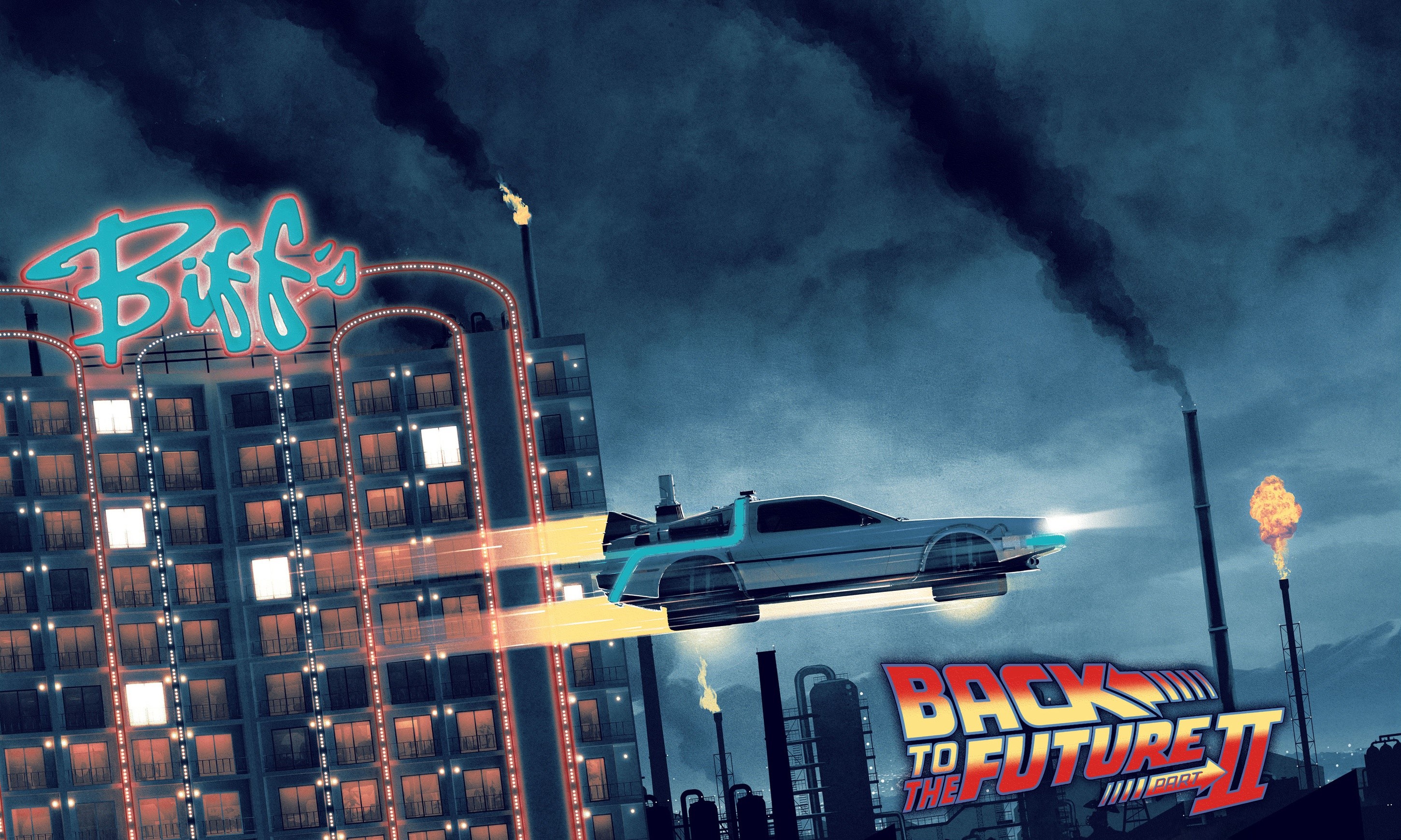 Back to the Future II artwork featuring the DeLorean and Biff's HD Wallpaper
