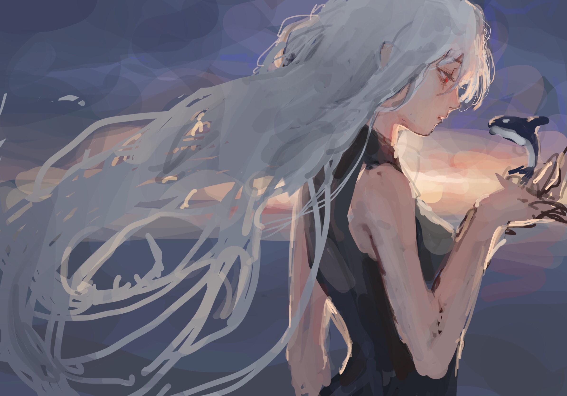 Skadi from Arknights with a small orca HD Wallpaper