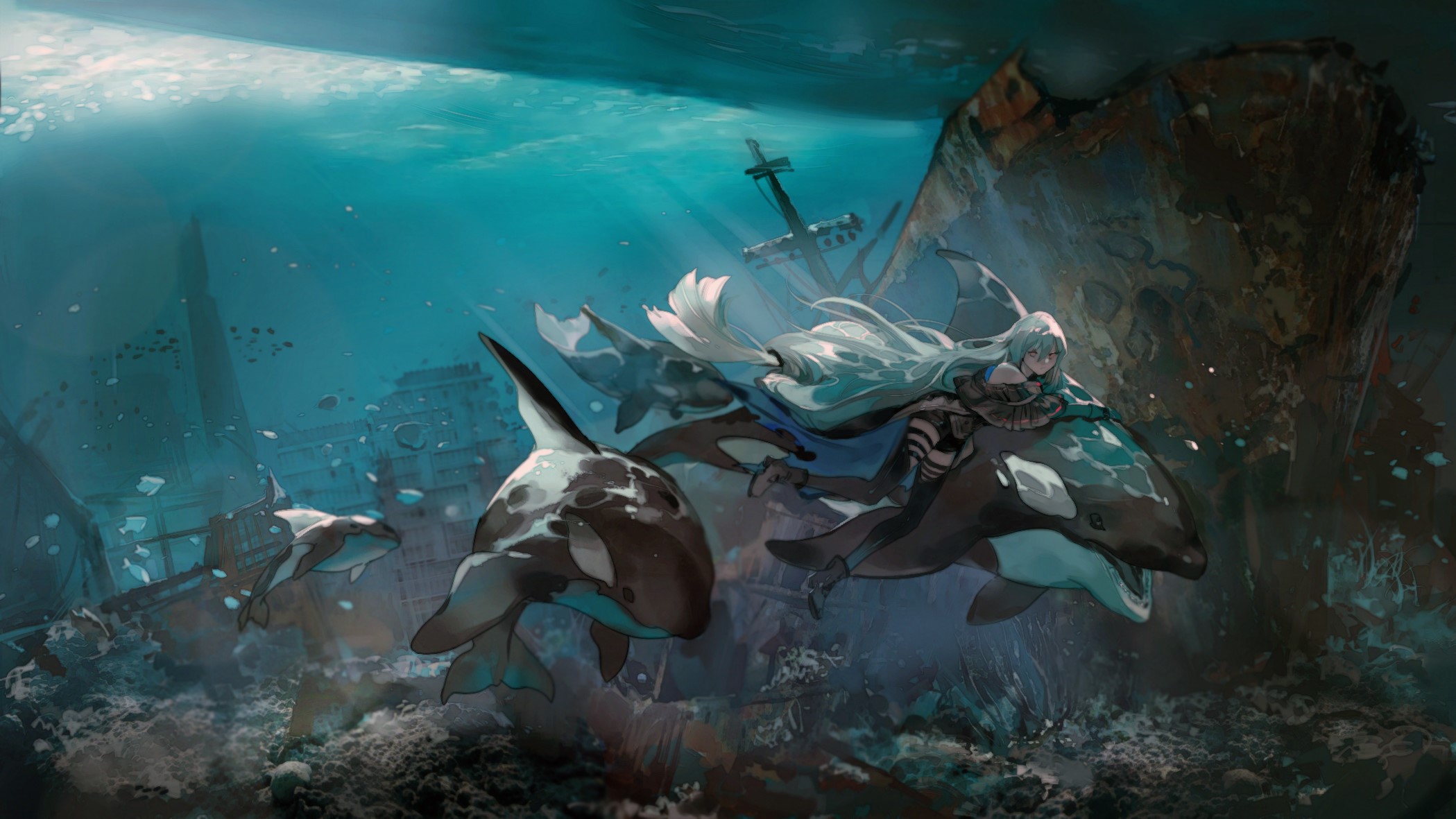 Skadi from Arknights riding an Orca underwater HD Wallpaper