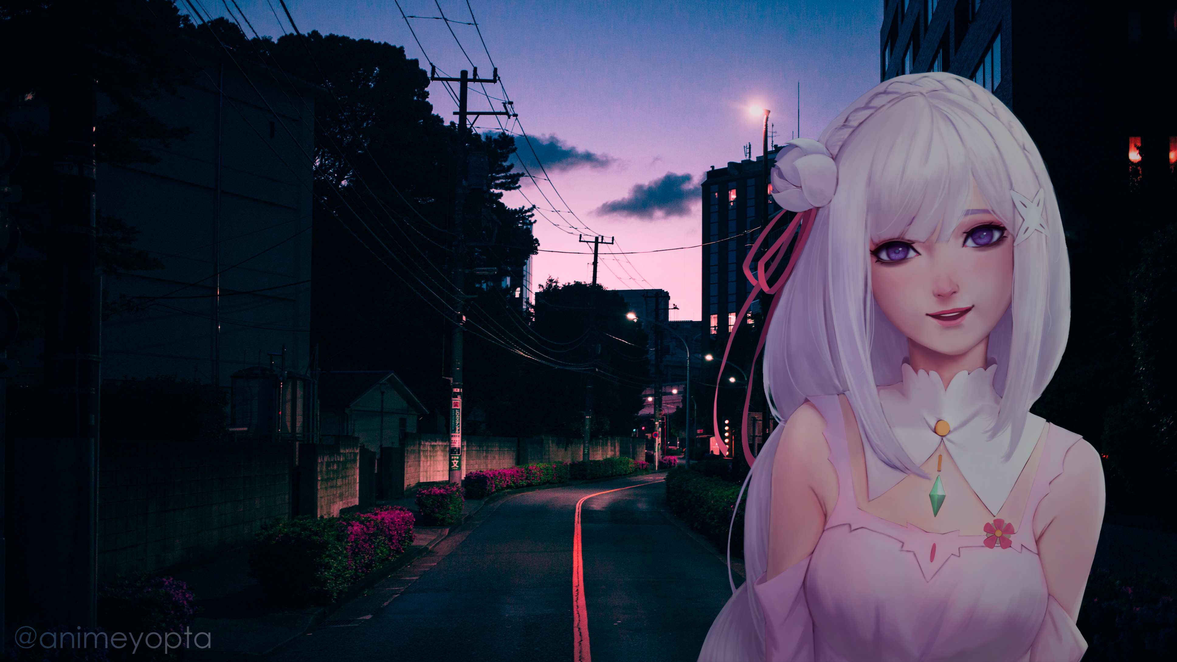 Emilia from Re: Zero in a city at sunset HD Wallpaper