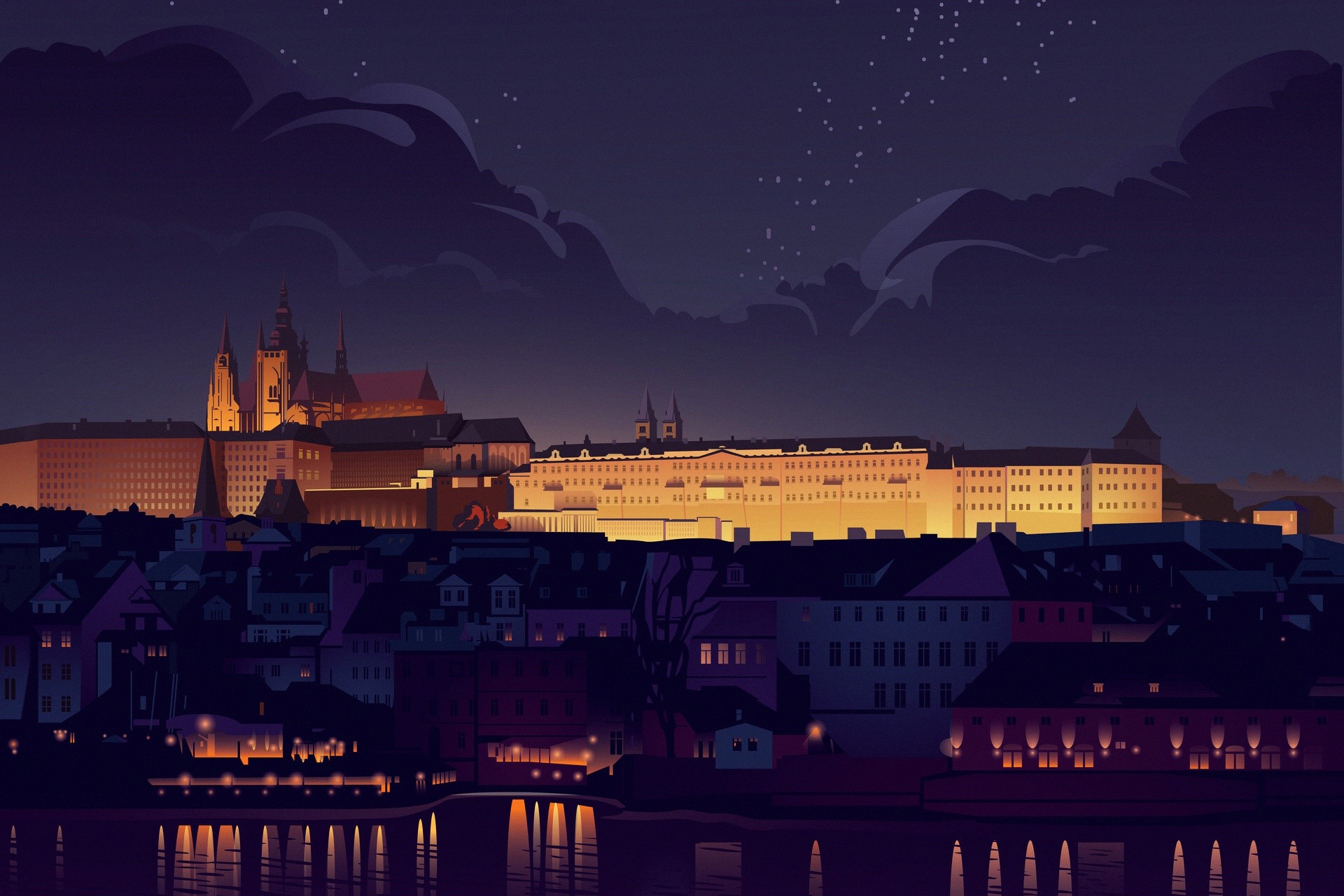 Cityscape artwork of Prague at night HD Wallpaper