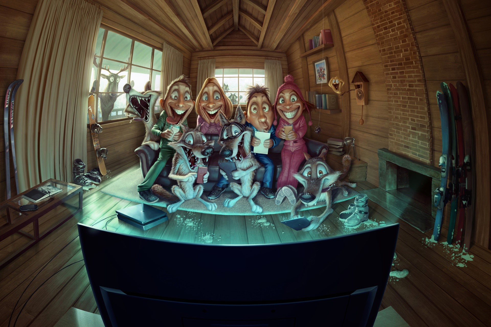 Cartoon wolves and people watching TV in a cabin HD Wallpaper