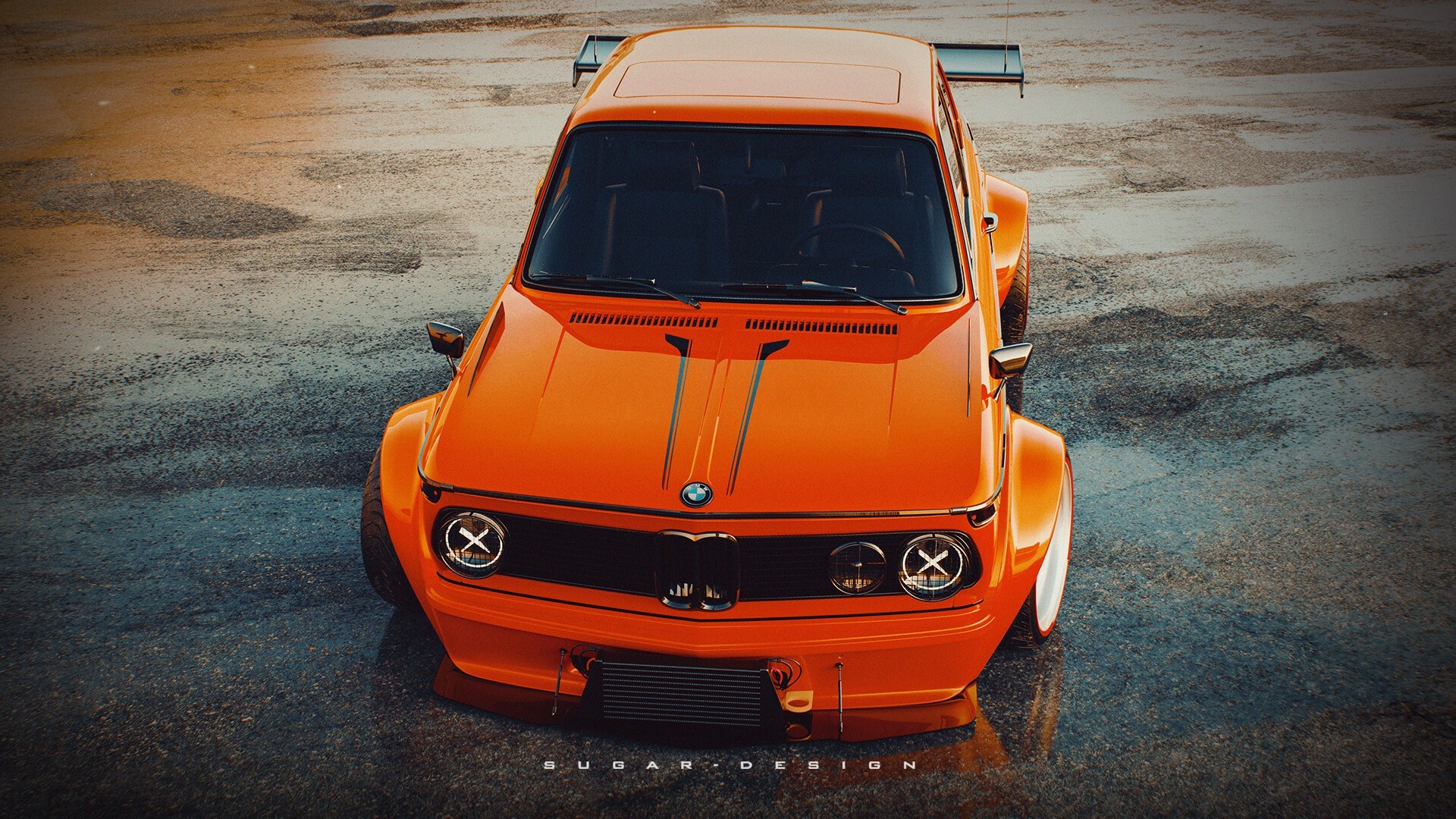 Orange BMW 02 Series with Widebody Kit and Spoiler HD Wallpaper