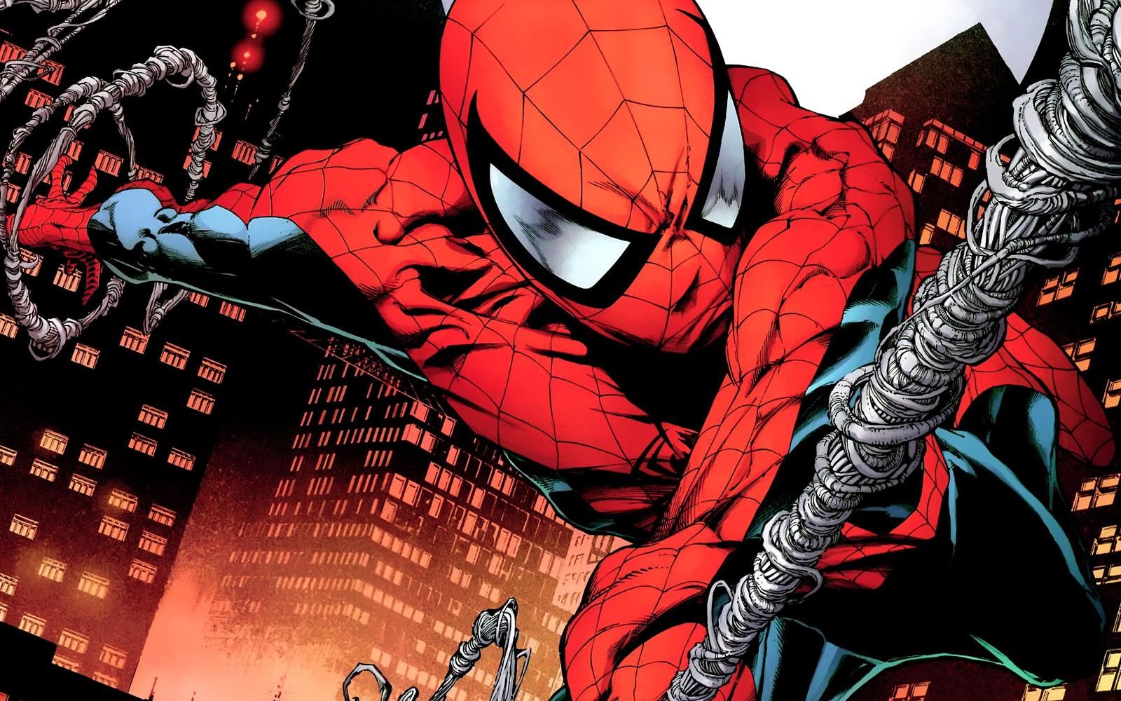 Spider-Man swinging through a city at night HD Wallpaper