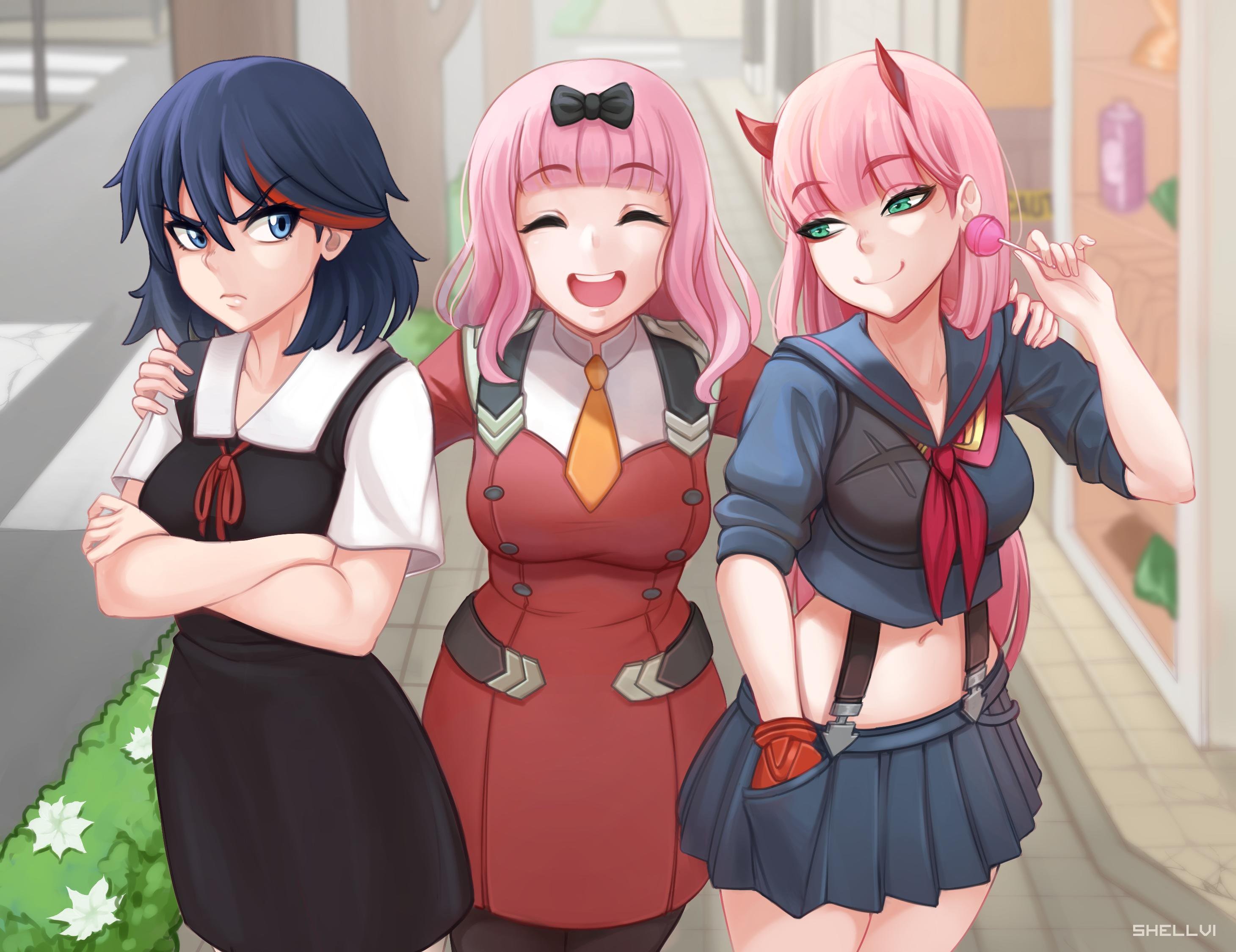 Ryuuko Matoi, Chika Fujiwara, and Zero Two Crossover HD Wallpaper