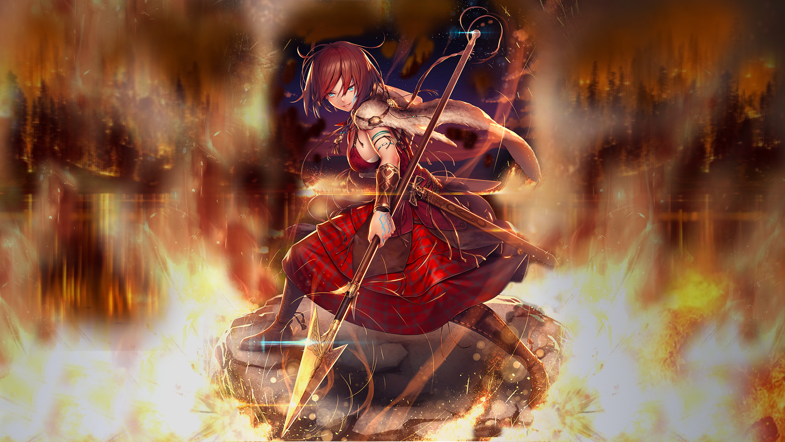 Anime girl with spear in fiery background HD Wallpaper