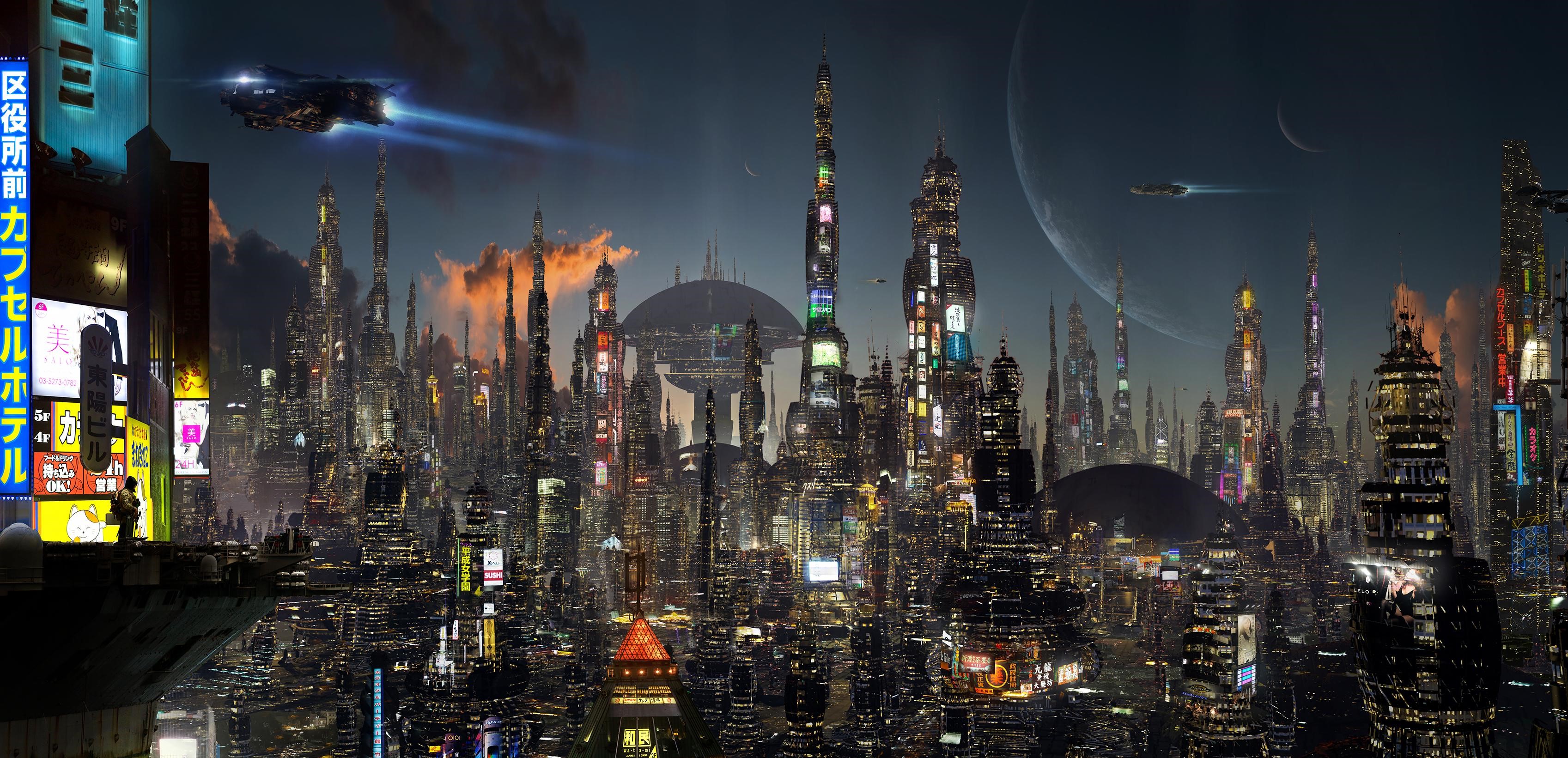 Futuristic city at night with flying vehicles HD Wallpaper