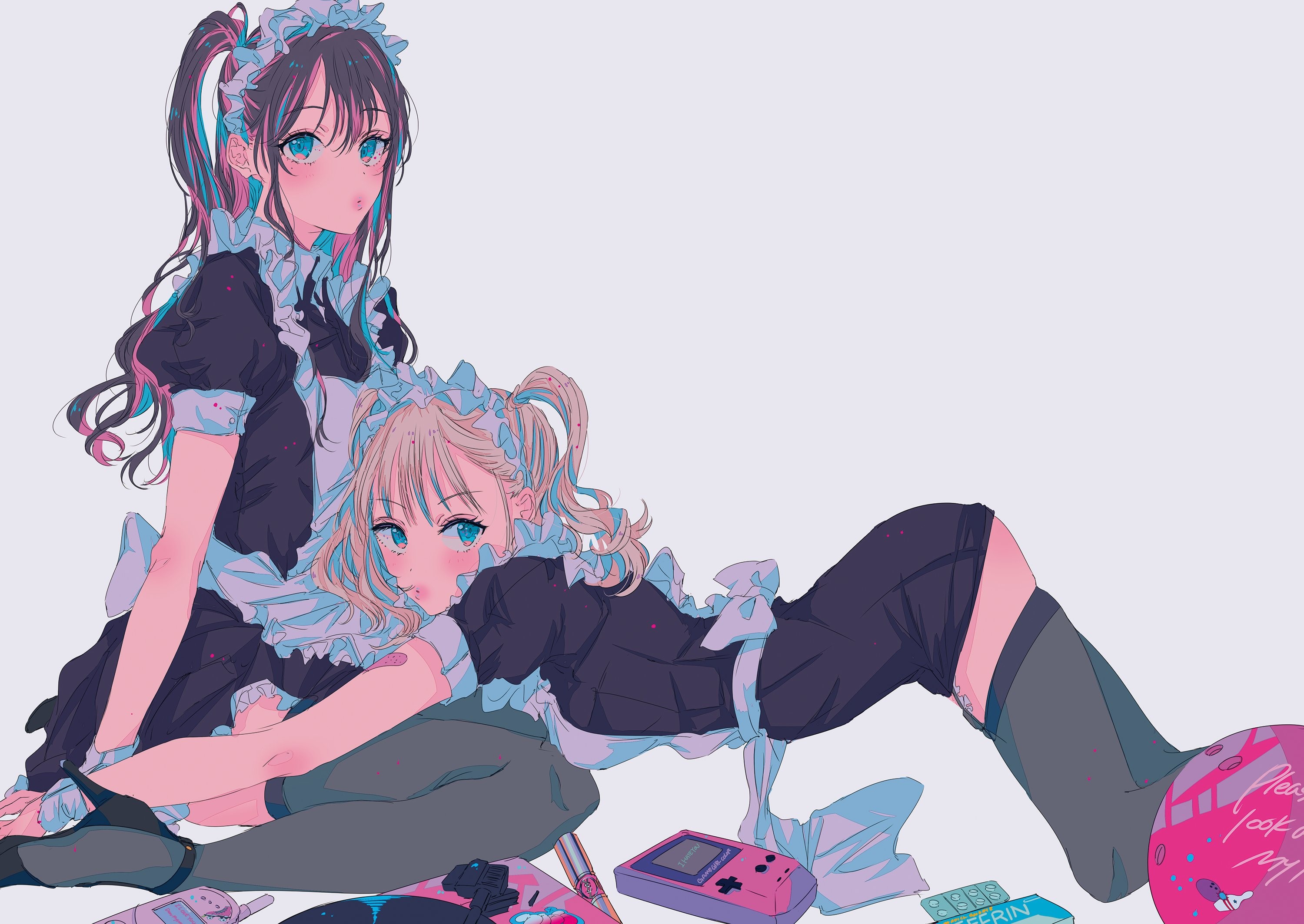 Two anime girls in maid outfits HD Wallpaper