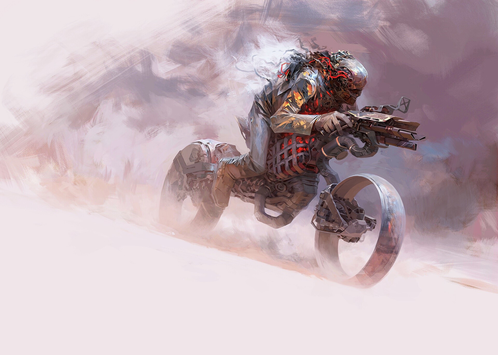 Futuristic motorcycle rider with a weapon HD Wallpaper